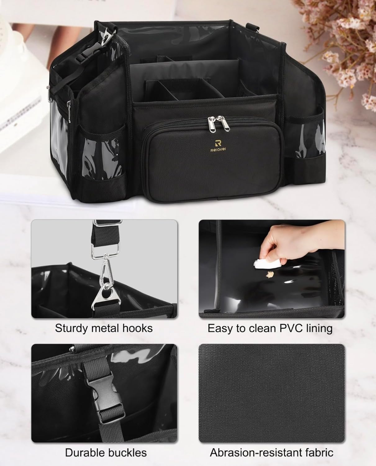 Portable Makeup Artist Makeup Bag with Compartments PVC Coating Easy Clean 46cm Black Professional, Black, Professional