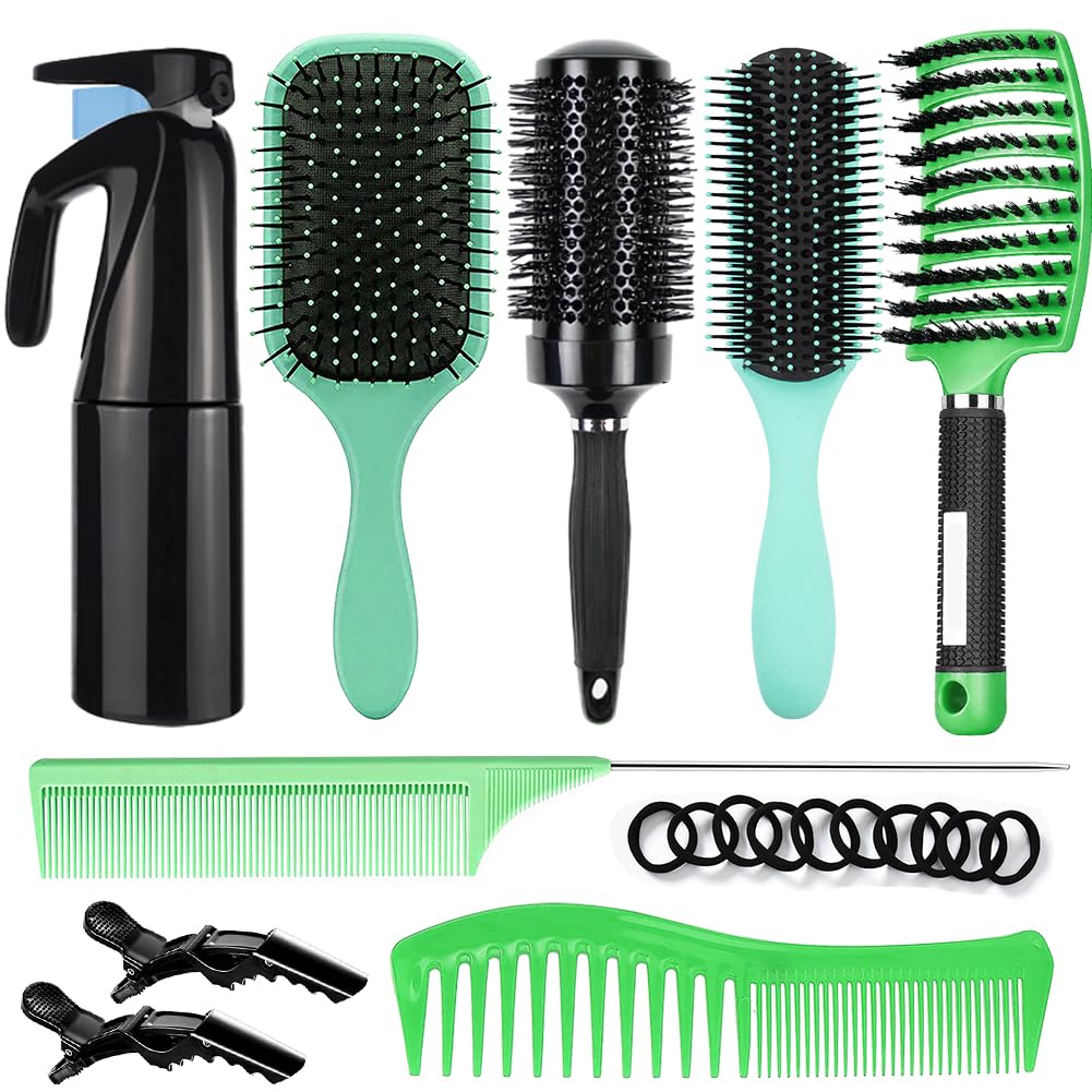 Aozzy 9Pcs Curly Hair Brush Set, Hair Brushes for Women, Round Brush for Blow Drying, Paddle Brush, Fit for Detangling Wet Long Thick Hair, Spray Bottle for Curly Wavy Hair, Family Daily Care(Green)