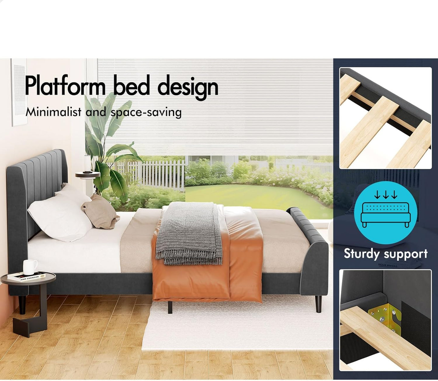 ALFORDSON Bed Frame Base Double Size with Headboard, Bed Platform Foundation with Velvet Fabric Upholstered for Mattress Topper, HUNDOLF Series Velvet Grey