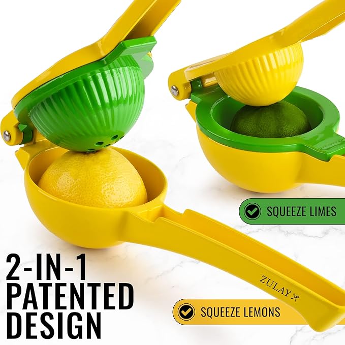 Zulay Kitchen Metal 2-in-1 Lemon Squeezer - Sturdy Max Extraction Hand Juicer Lemon Squeezer Gets Every Last Drop - Easy to Clean Manual Citrus Juicer - Easy-Use Lemon Juicer Squeezer - Yellow/Green