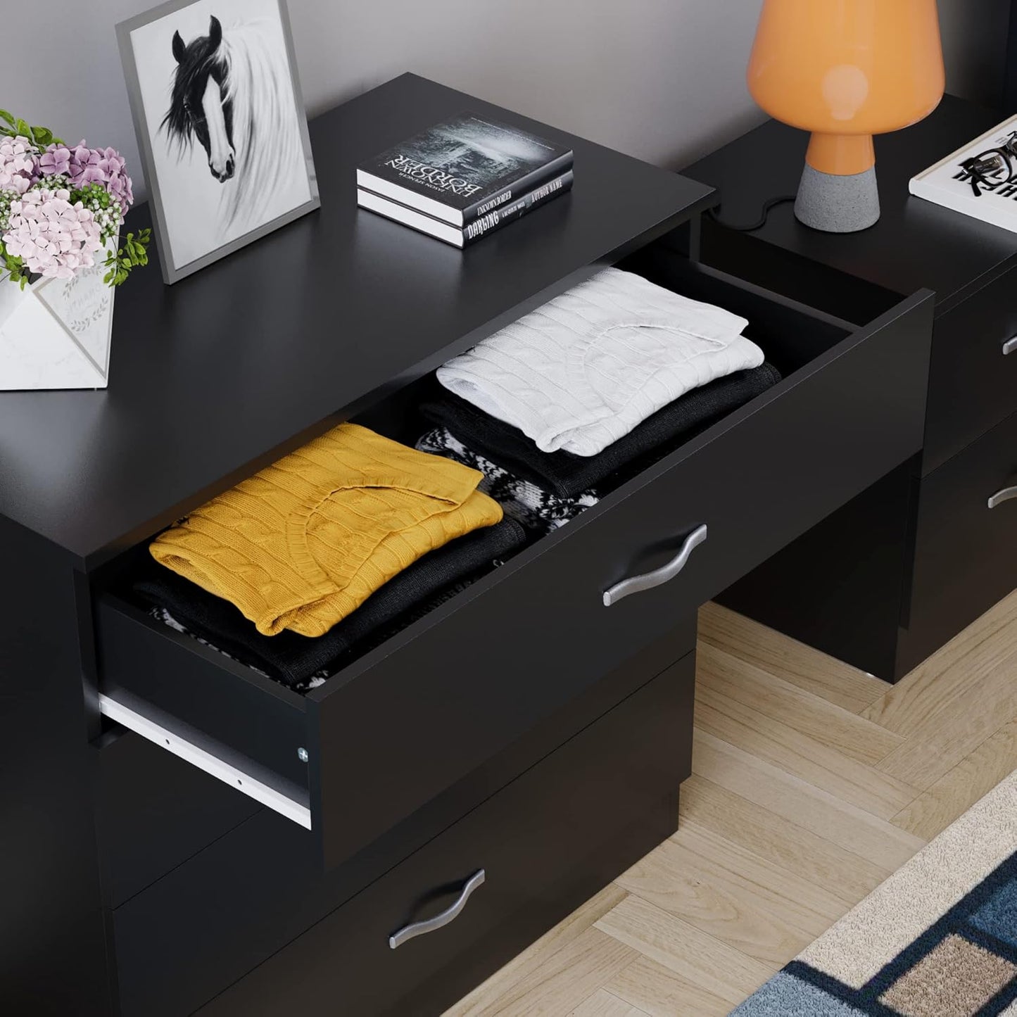 Home Discount Black Chest of Drawers, 4 Drawers with Metal Handles and Runners, Unique System with Guides, Riano Bedroom Furniture
