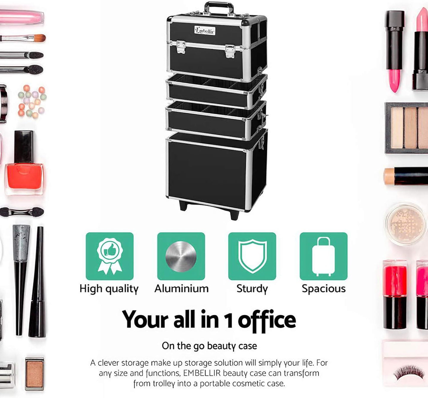Embellir Makeup Case, Aluminium Lockable Beauty Cases Suitcase Make Up Large Organisers Storage Toiletry Cosmetic Box Travel Indoor Outdoor Accessories, 7 in 1 Separable Portable Black