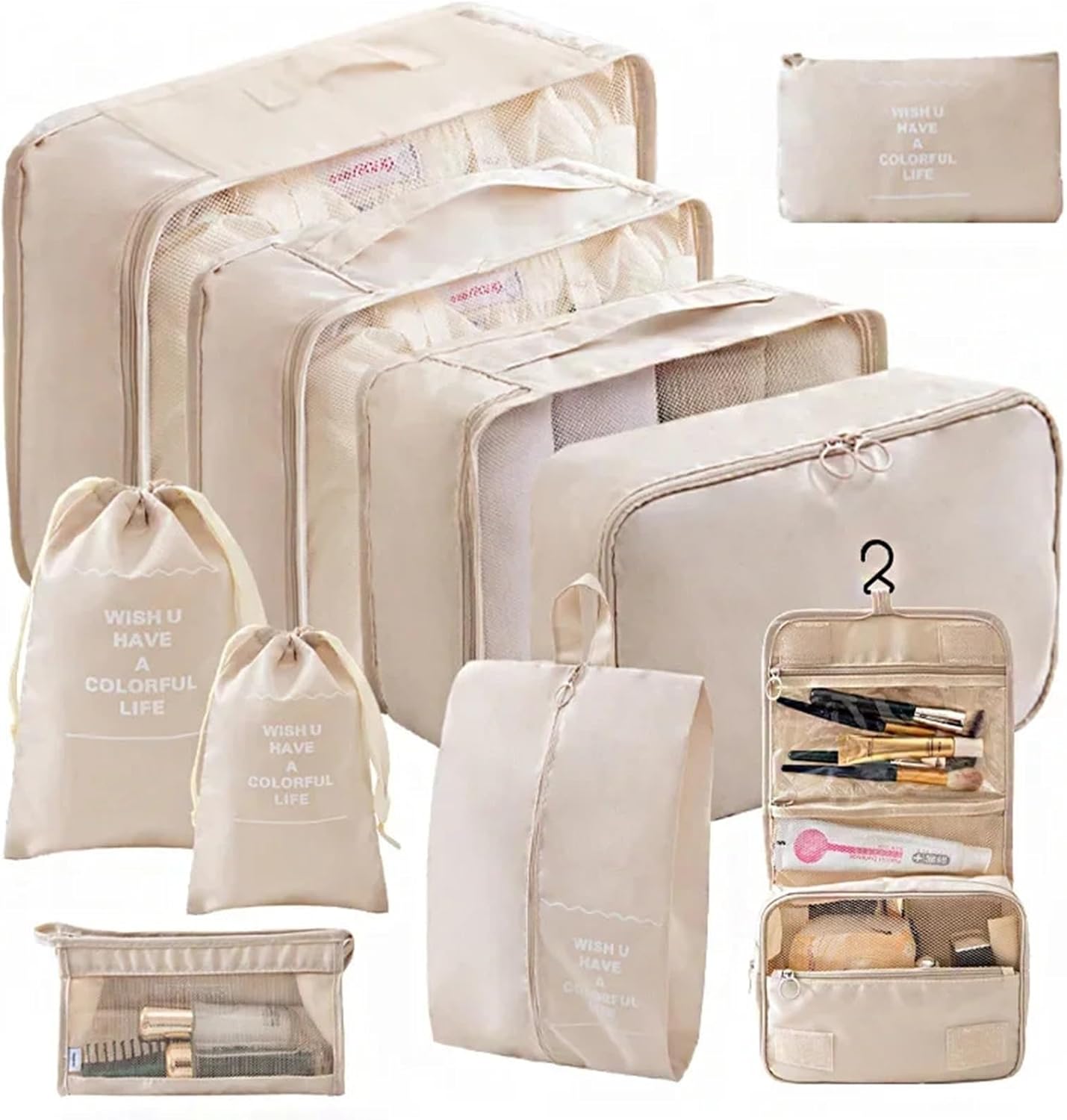 Janmobrian Organizer Valigia,Packing Cubes 10/7 PCS Set Travel Organizer Storage Bags Suitcase Packing Cubes Cases Portable Wardrobe Luggage Clothes Shoe Pouch Fold(10pcs Grey)