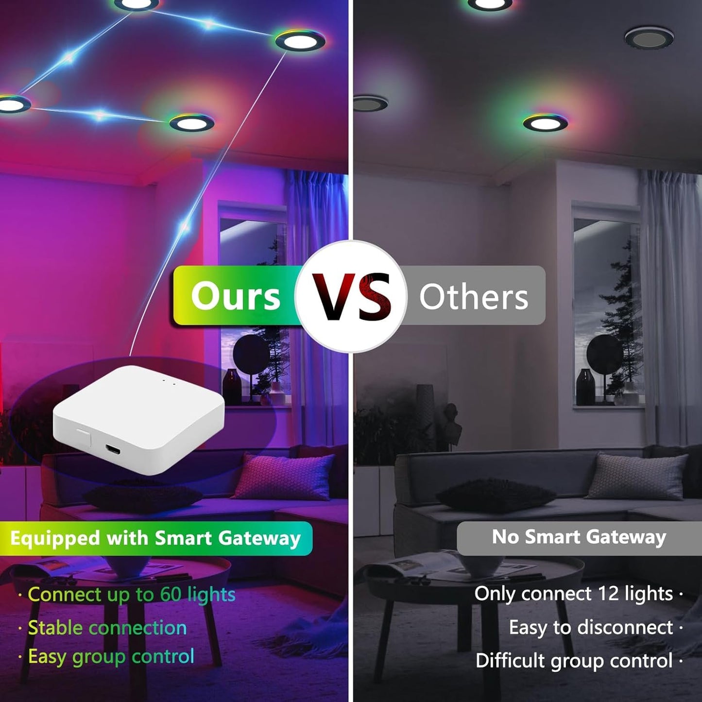12 Pack Smart Recessed Lighting 4 Inch Black with RGB Color Changing & 2700-6000K, 2.4GHz WiFi Bluetooth Fast Link, Work with App/Alexa/Google Assistant/Siri, Include 1 Gateway