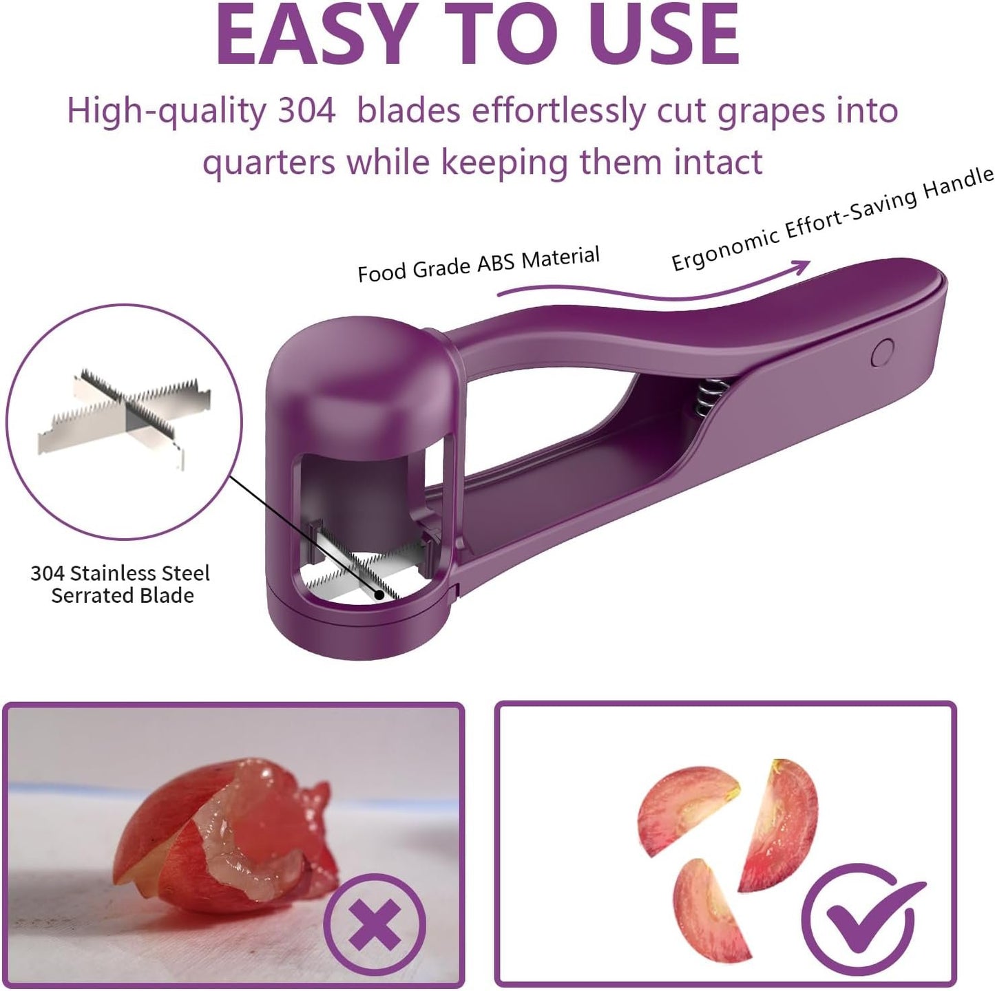 Luvan Grape Cutter for Toddlers,Grape Slicer for Baby Tomato Cherry Strawberry Cutter Tools Into 4 Pieces Vegetable Fruit Salad, Stainless Steel Quarter Corers Pitters Slicer Kitchen Gadget-Purple