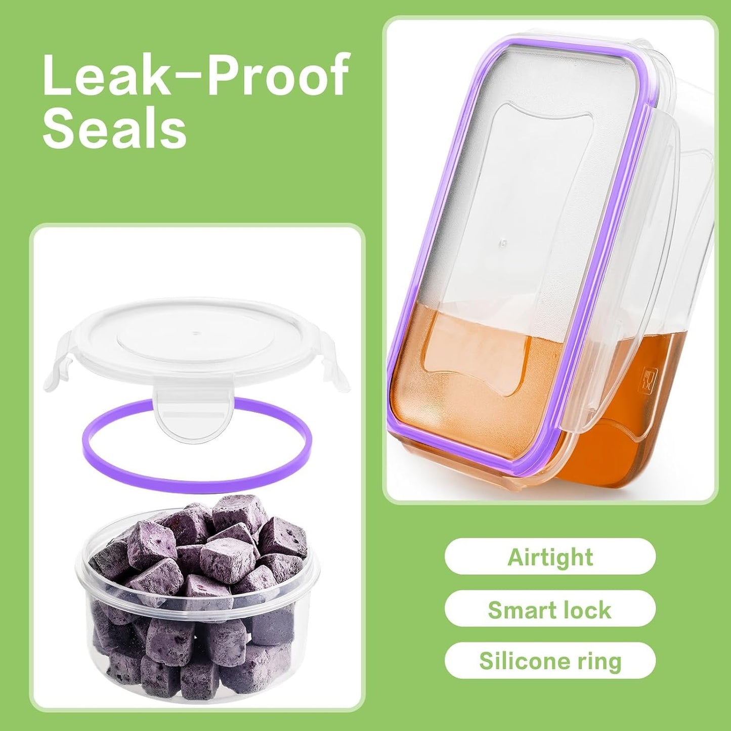 HOMBERKING 32 Pieces Food Storage Containers Set with Snap Lids (16 Lids + 16 Containers), Meal Prep Airtight Plastic Containers, BPA-Free Lunch Containers for Kitchen, Pantry, Home, Purple