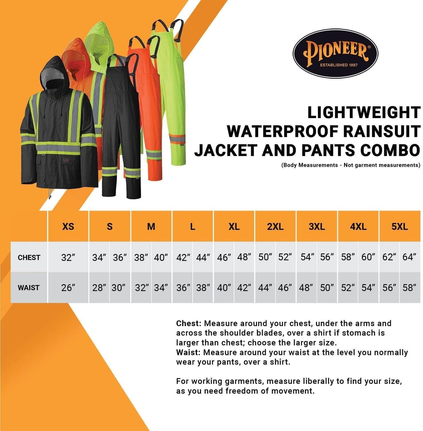 Pioneer Hi Vis Waterproof Lightweight Rainsuit - Work Safety Hooded Jacket and Bib Pants - Adjustable Pant Length - Hi Vis Orange