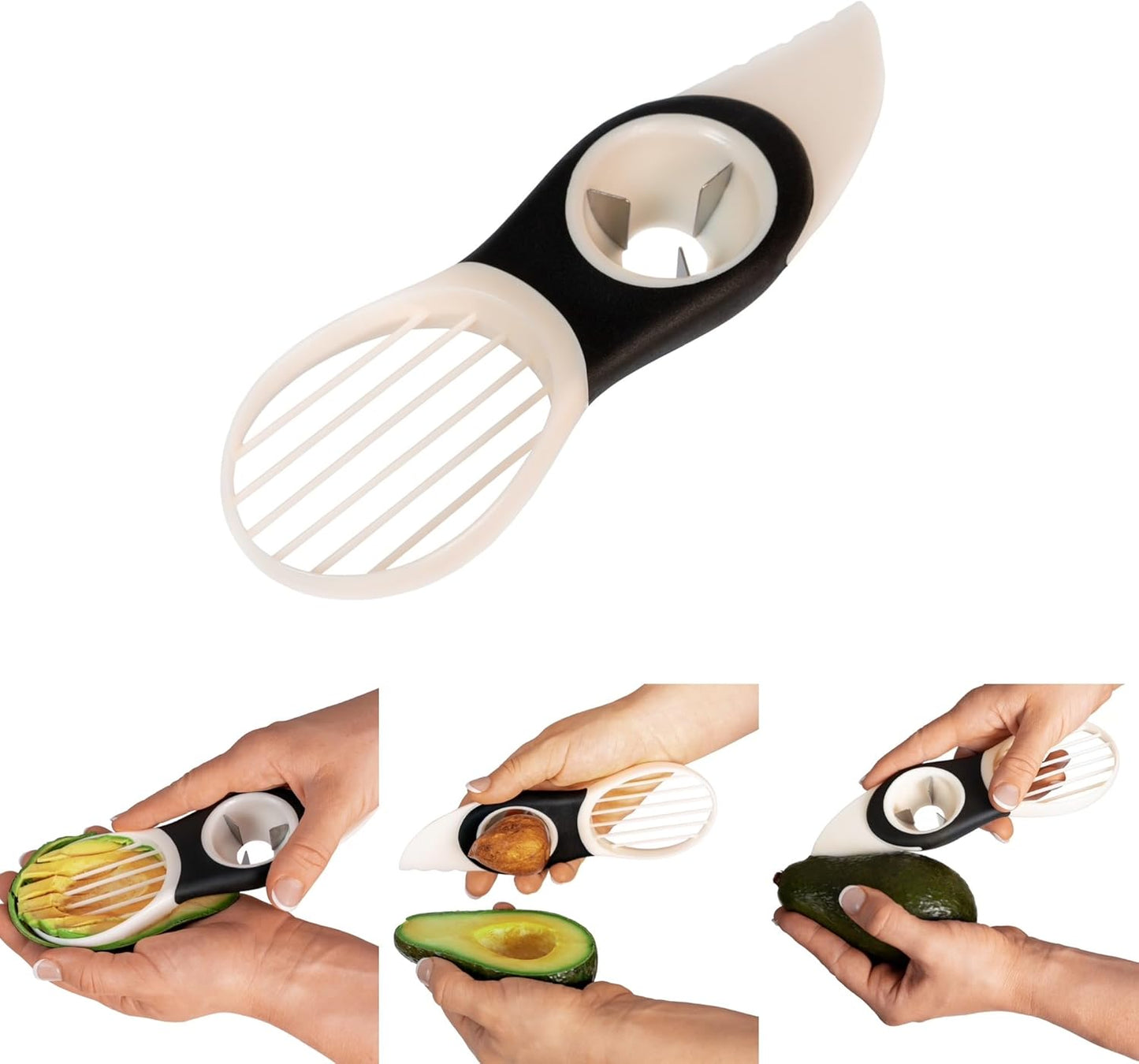 PHOENA Avocado Tool Fruit Slicer Pitter 3 in 1 White & Black Kitchen Gadget Tool Comfortable to Grip Core Remover Food Safe Fruit & Vegetable