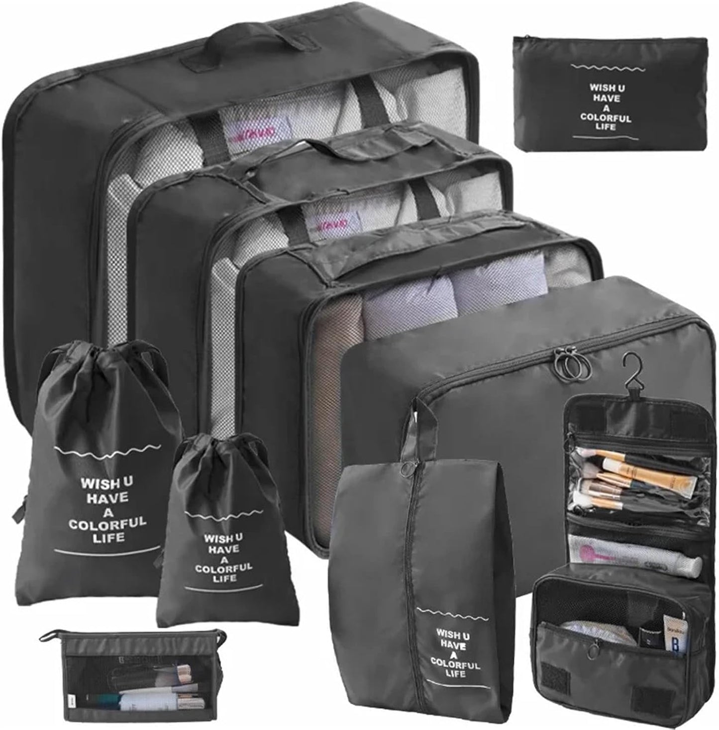 Janmobrian Organizer Valigia,Packing Cubes 10/7 PCS Set Travel Organizer Storage Bags Suitcase Packing Cubes Cases Portable Wardrobe Luggage Clothes Shoe Pouch Fold(10pcs Grey)