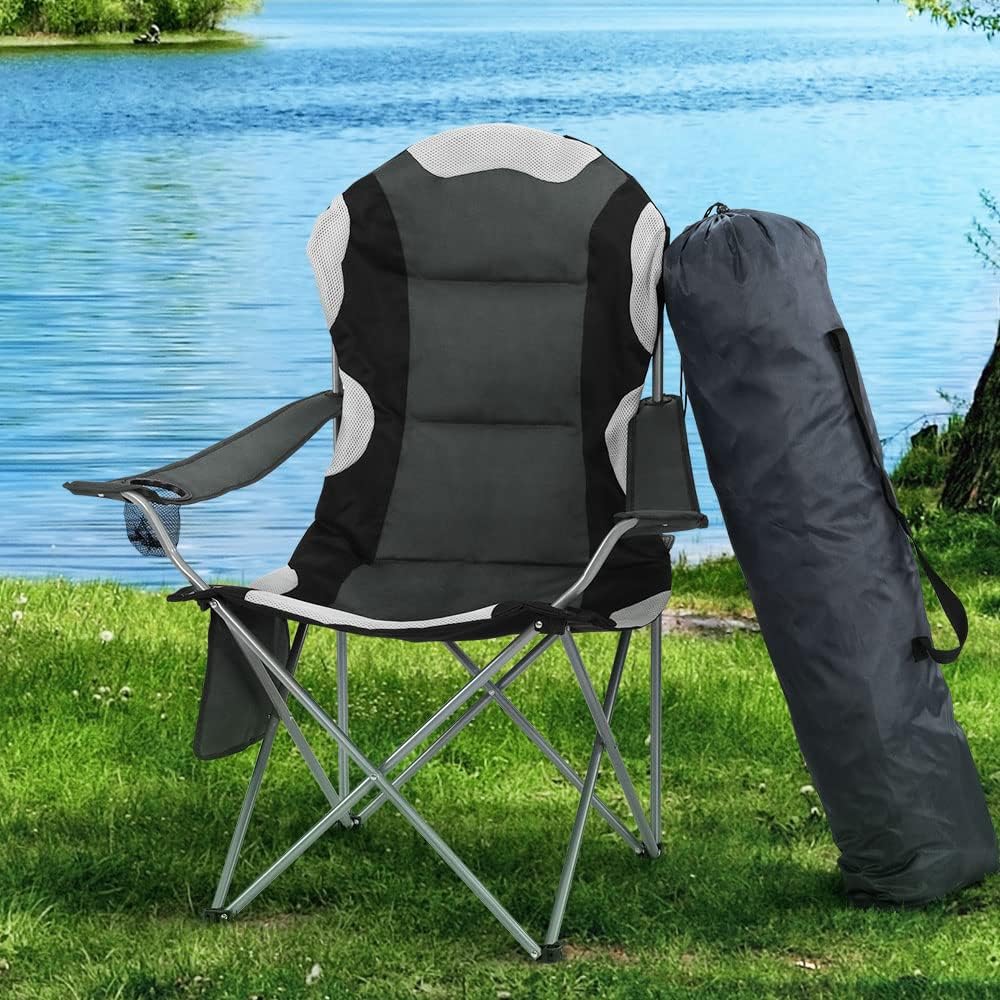 Weisshorn Set of 2 Camping Chairs, Outdoor Armchair Lounge Beach Chair Portable Folding Lightweight Camp Lounger Travel Hiking Fishing Picnic Gear, with Carry Bag Drink Holder Foldable Grey