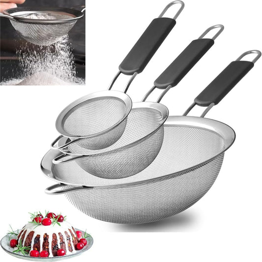 iDopick Fine Mesh Strainers Set of 3,Stainless Steel Strainers Wire Sieve Sifter with Insulated Handle Strainers for Kitchen Gadgets Tools Baking Tools Colander, Food Preparation, Flour Sifter, Rice