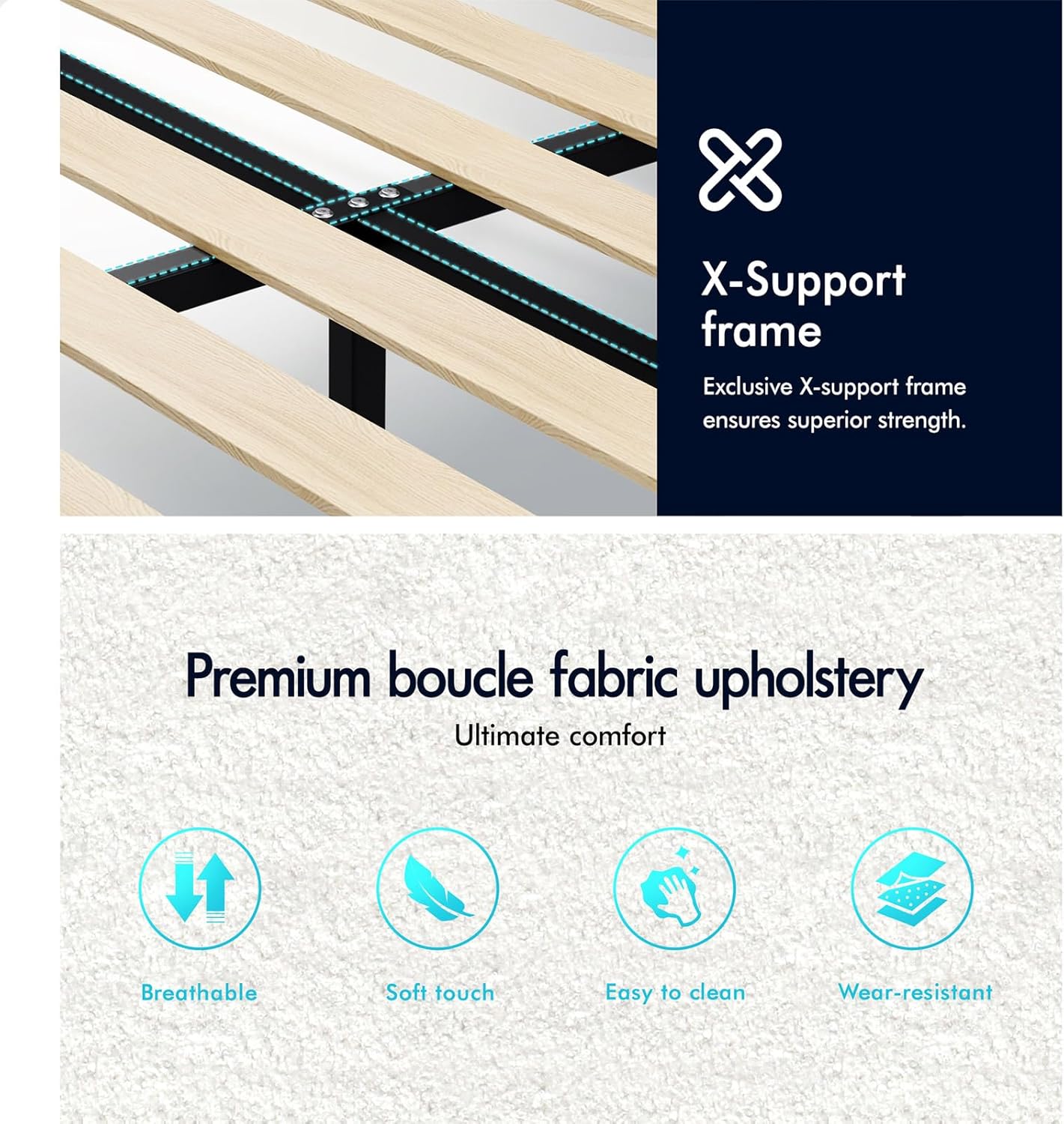 ALFORDSON Bed Frame Base Double Size with Boucle Fabric Upholstery, Bed Platform Foundation with Headboard for Mattress Topper, Tania Boucle White