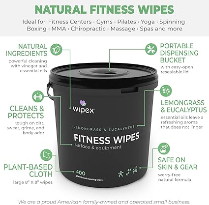 Wipex Yoga Mat Cleaner Gym Wipes - Plant-Based Lemongrass, Eucalyptus & Vinegar Wipes for Fitness Equipment & All Purpose Gym Cleaning - Safe for Peloton Bikes & Treadmills - 400 Count
