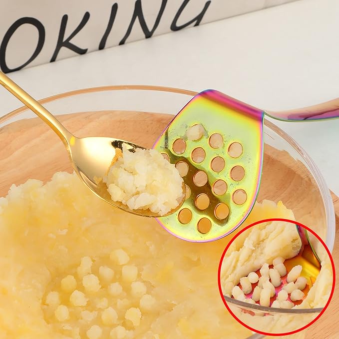 Buyer Star Kitchen Utensils Set 5 Pcs Cooking Utensils Stainless Steel 18/0 Kitchen Tool And Gadgets Salad Spoon Forks Gravy Ladles Pasta Server Potato Masher Mirror Polish Dish Washer Safe, rainbow