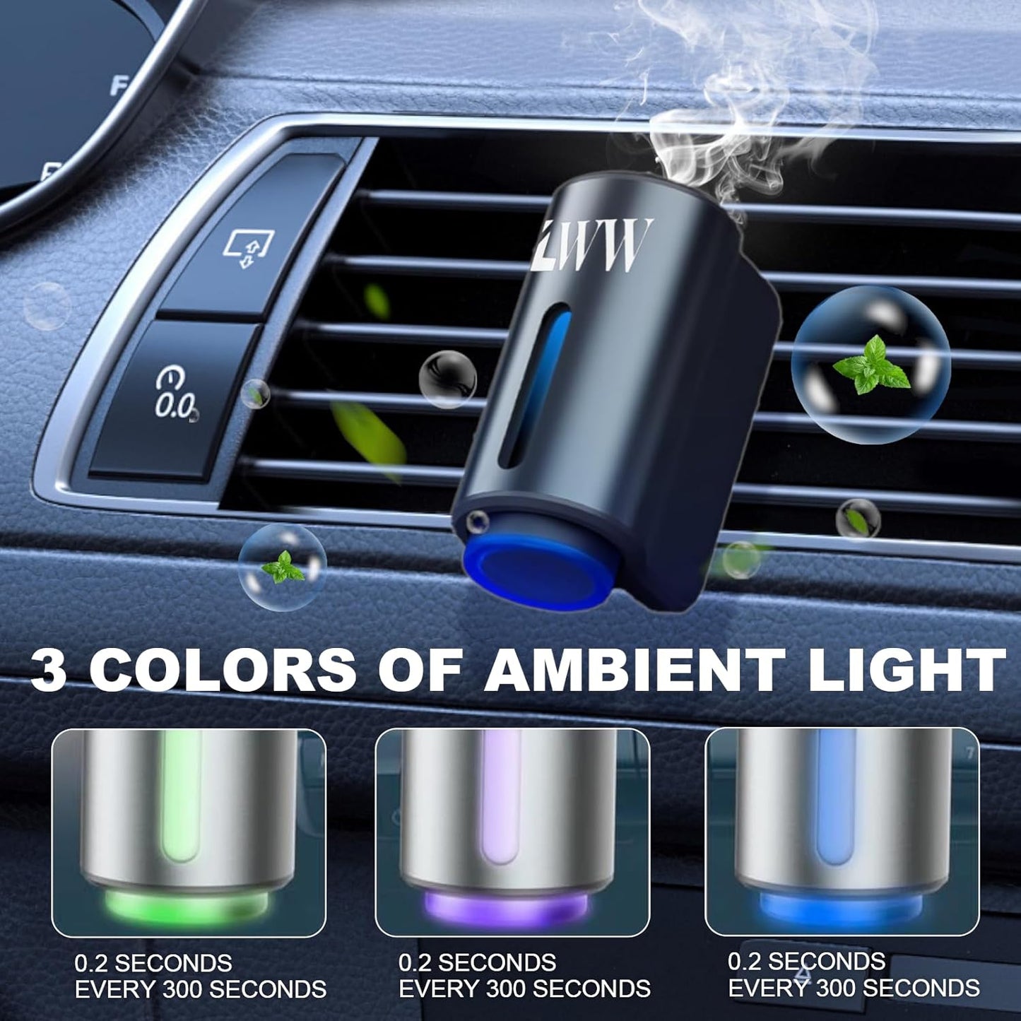 LWW Smart Car Air Freshener, 3 Levels of Adjustable Intensity, Aroma Rechargeable Aroma Diffuser, Adjustable Aroma Diffuser, 220mAh Built-in Fresh+Intense+Ocean Flavour