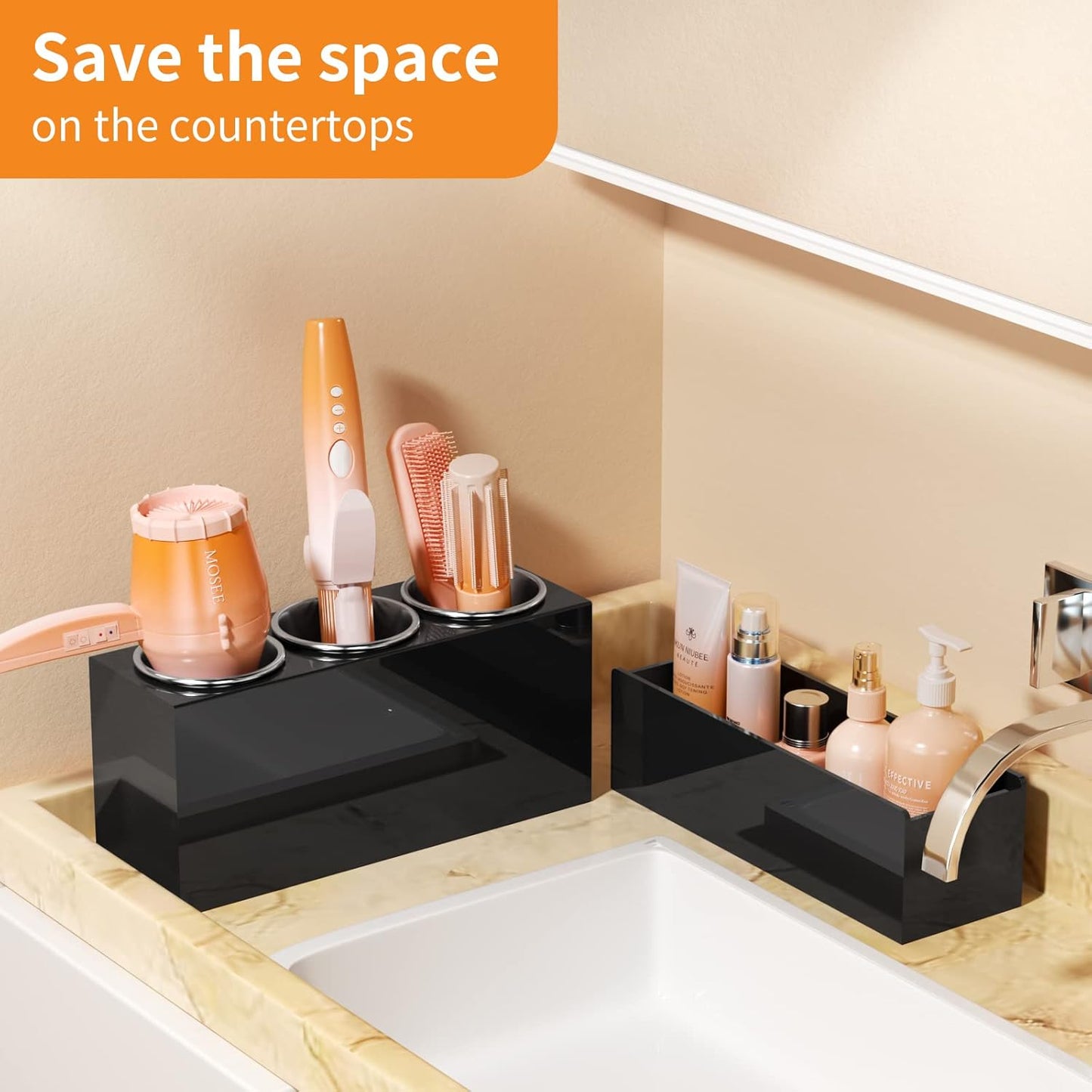 NIUBEE Hair Tool Organizer, Acrylic Hair Dryer and Styling Holder, Bathroom Countertop Blow Dryer Organizer, Vanity Storage Stand for Accessories, Makeup, Toiletries (Black)
