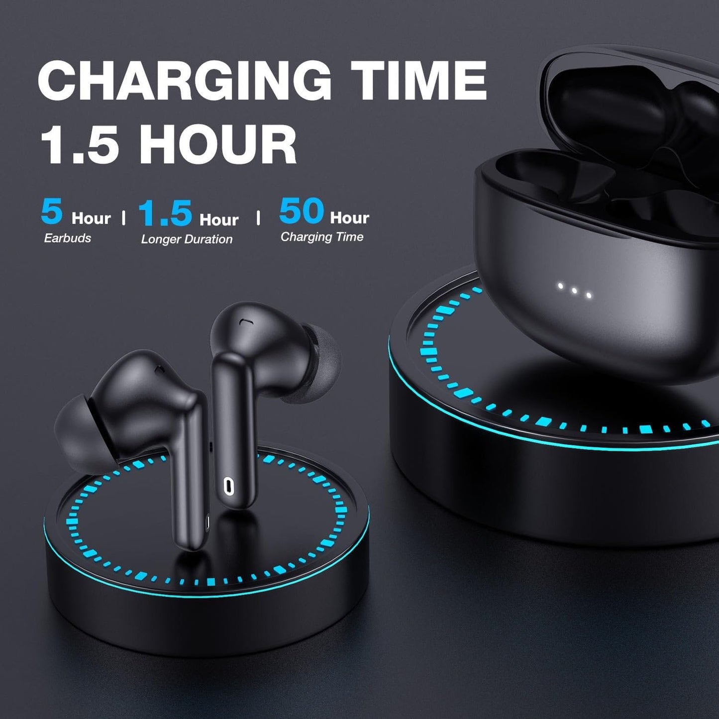 HKERR Bluetooth Headphones True Wireless Earbuds with Charging Case 50H Playback LED Power Display Earphones IPX7 Waterproof in-Ear Headphones with Mic for Laptop Pad Phones Sports Workout