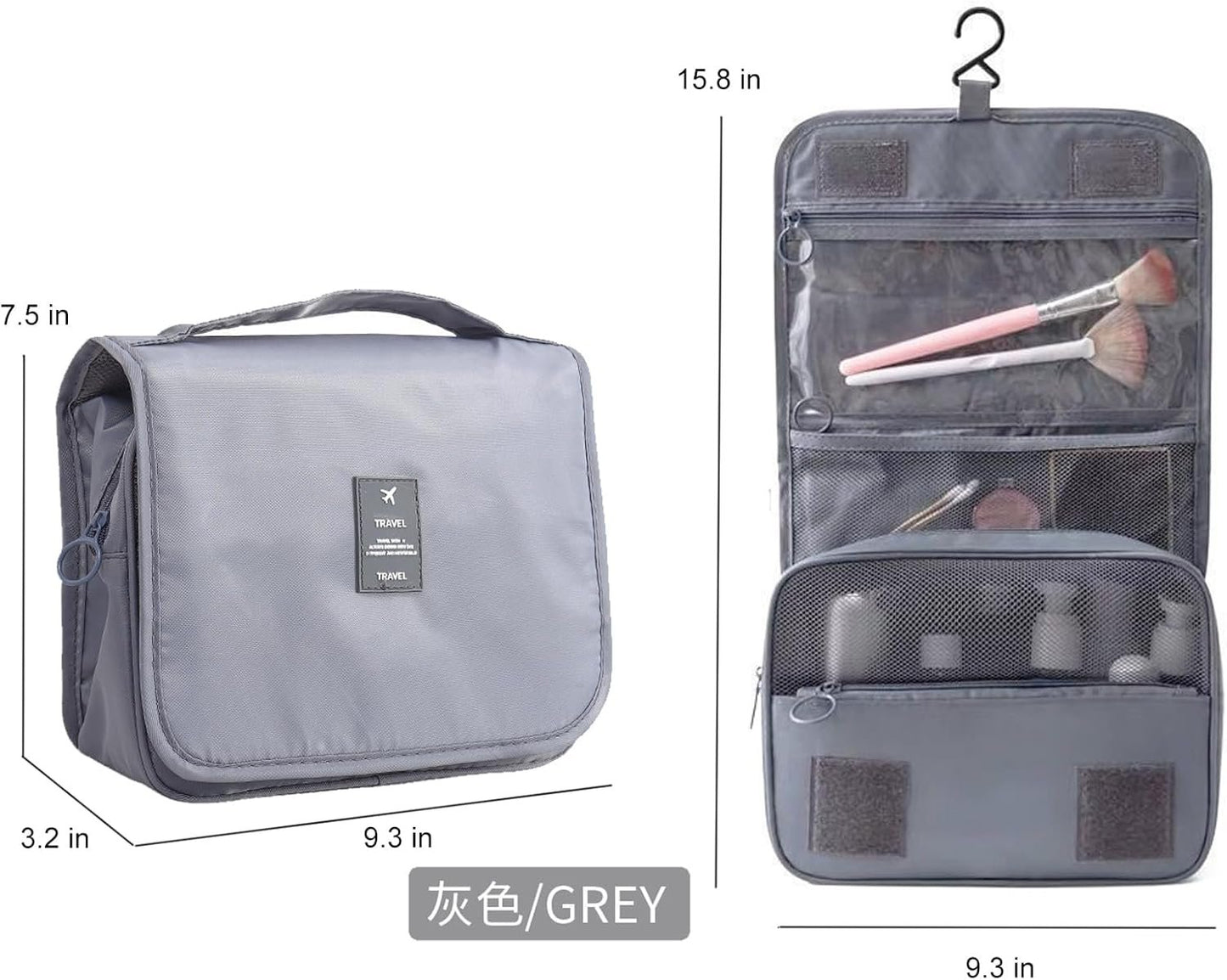 Yeegras Travel Toiletry Kit Bag for Women, Hanging Hygiene Toiletry Bag with Multi-Pockets, Toiletry Bag for Traveling Easy Clean, Travel Organizer Bag Gray, Simple