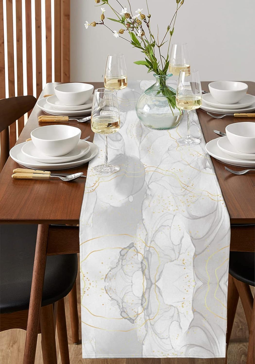 Natural White Grey Marble Stone Table Runners,Linen Cotton Table Runner Dresser Scarves Abstract Agate Gold Stripe Tabletop Scarf for Dining Room Kitchen Holiday Party (White Grey, 33CM*183CM)