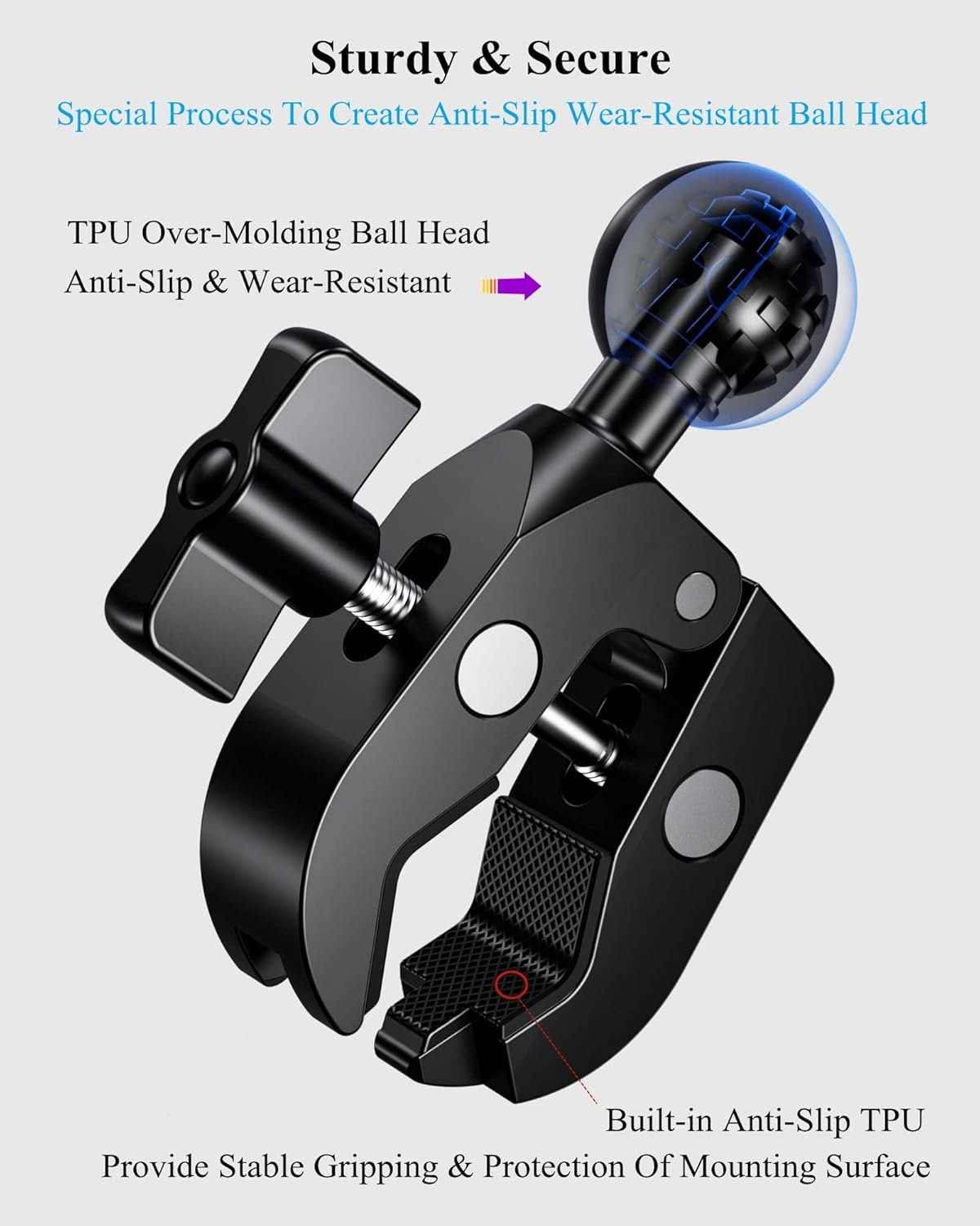 BRCOVAN Aluminum Alloy Handlebar Clamp Mount Base with 1'' TPU Ball for Rails 0.5'' to 2'' in Diameter, Compatible with RAM Mounts B Size Double Socket Arm & Bike Motorcycle Phone Mount Holder