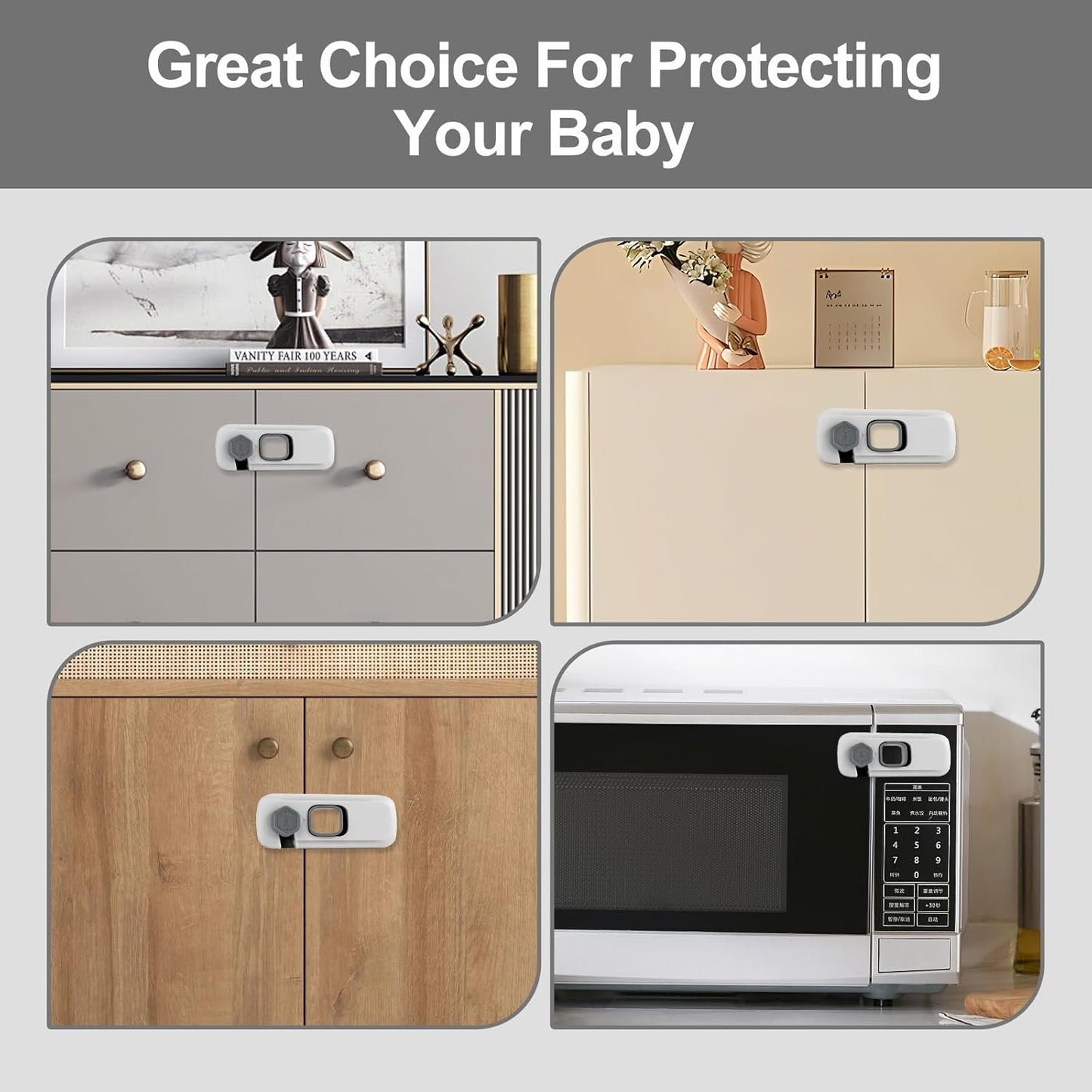BECOMTO 5 Pack Childproof Refrigerator Lock,Baby Safety Fridge Door Lock,Freezer Lock Apply to Max 1"(25mm) Sealing Strip,Cabinet Cupboard Lock for Toddlers,Easy to Install,No Tools Need or Drill,Grey