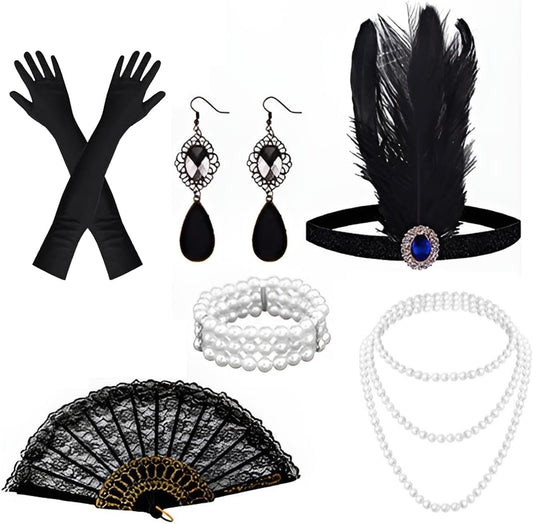 1920s Flapper Accessories Set Clothing Accessories Set 1920s Flapper Theme Set Women With Pearl Necklace Earrings Gloves, Roaring 20's Theme Set for Women Girls