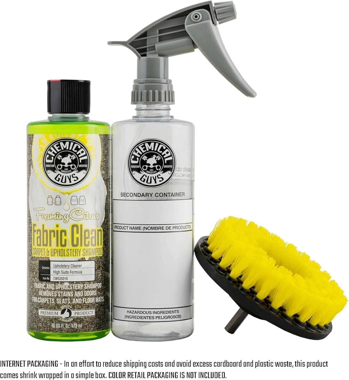 Chemical Guys Foaming Citrus Fabric Clean & Drill Brush Kit - High-Foaming Stain & Odor Remover for Car Carpets, Upholstery & Floor Mats - Deep Cleans & Deodorizes, Citrus Scent - 16 fl oz