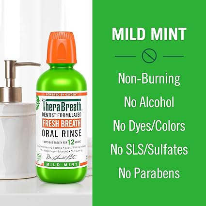 TheraBreath Fresh Breath Mouthwash, Mild Mint Flavor, Alcohol-Free, 16 Fl Oz (2-Pack)