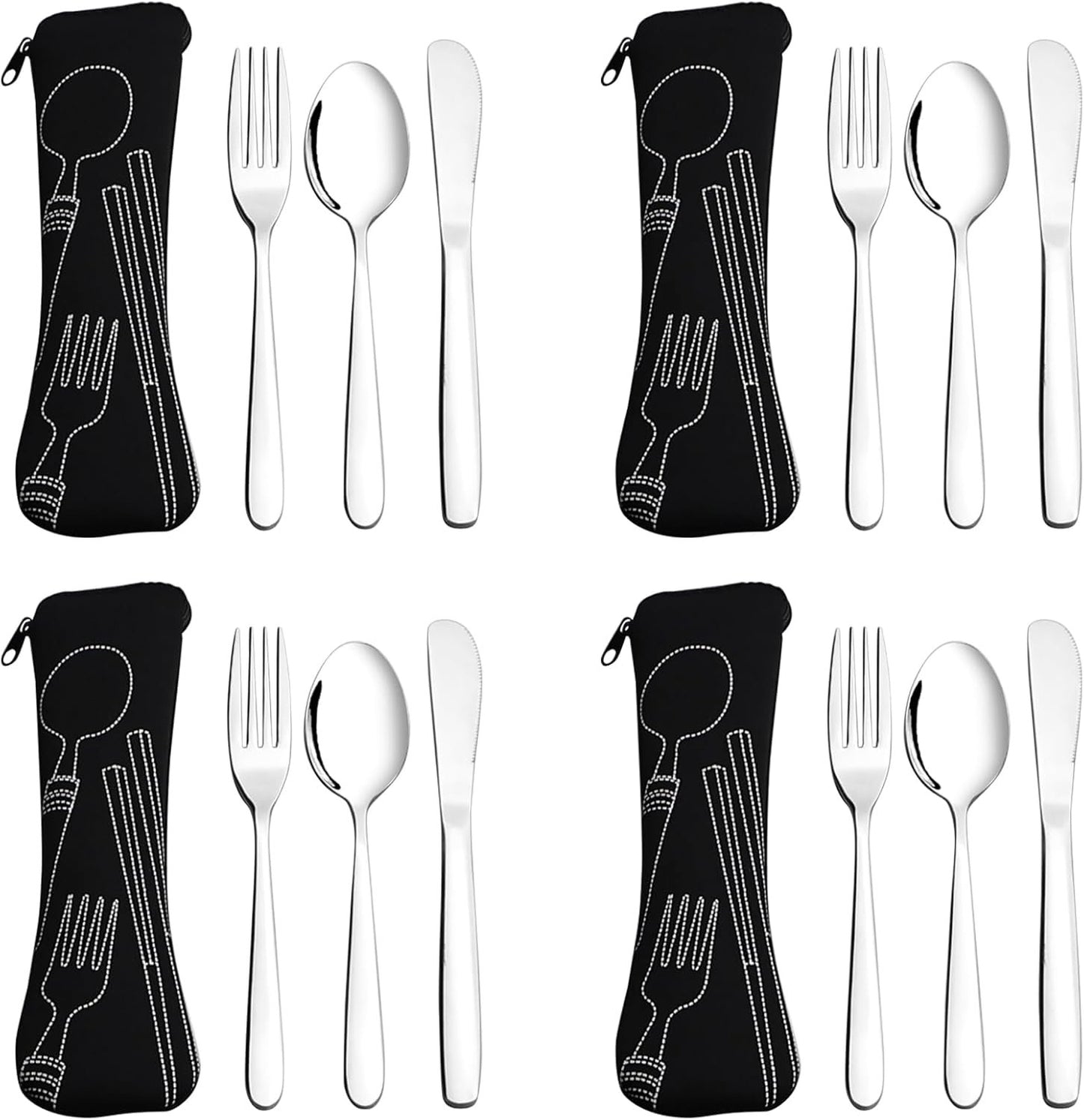 Nihenok 12 Pieces Stainless Steel Portable Flatware Set with Black Case, Travel Camping Stainless Steel Cutlery Utensils Set