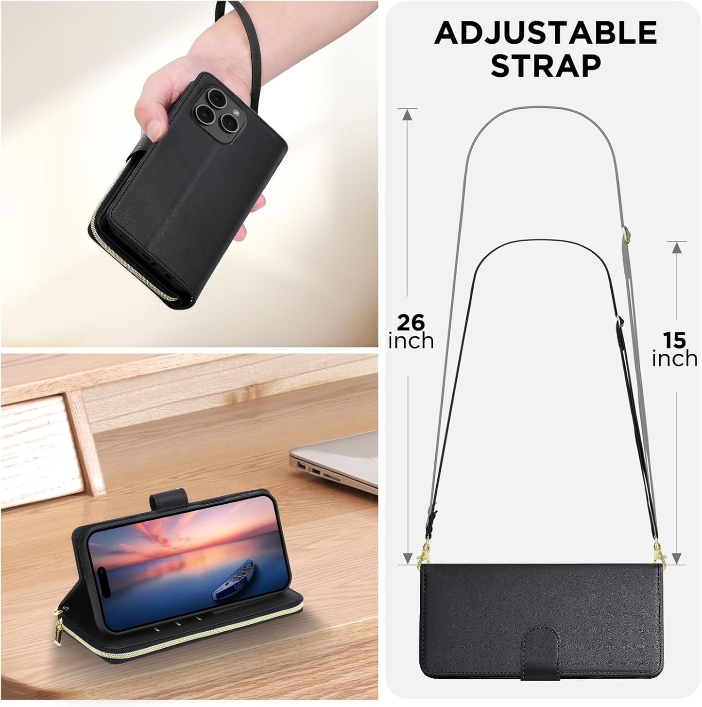 GoshukunTech for iPhone 16 Pro Case Wallet Leather, for iPhone 16 Pro Flip Case Wallet Cover Kickstand Zipper Purse 9 Card Holder with Wristlet Strap Crossbody Lanyard-Black