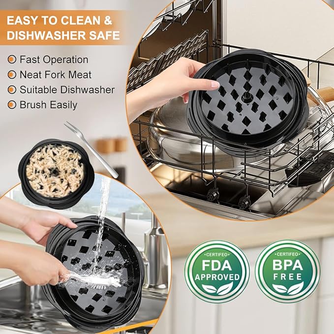 Chicken Shredder, Chicken Breast Shredder Tool Twis with Brush&Fork, Visible Meat Shredder Machine Strong Anti-Slip Base, Safe Transparent Lid, Bpa Free, Dishwasher Safe (9.84"-Black)