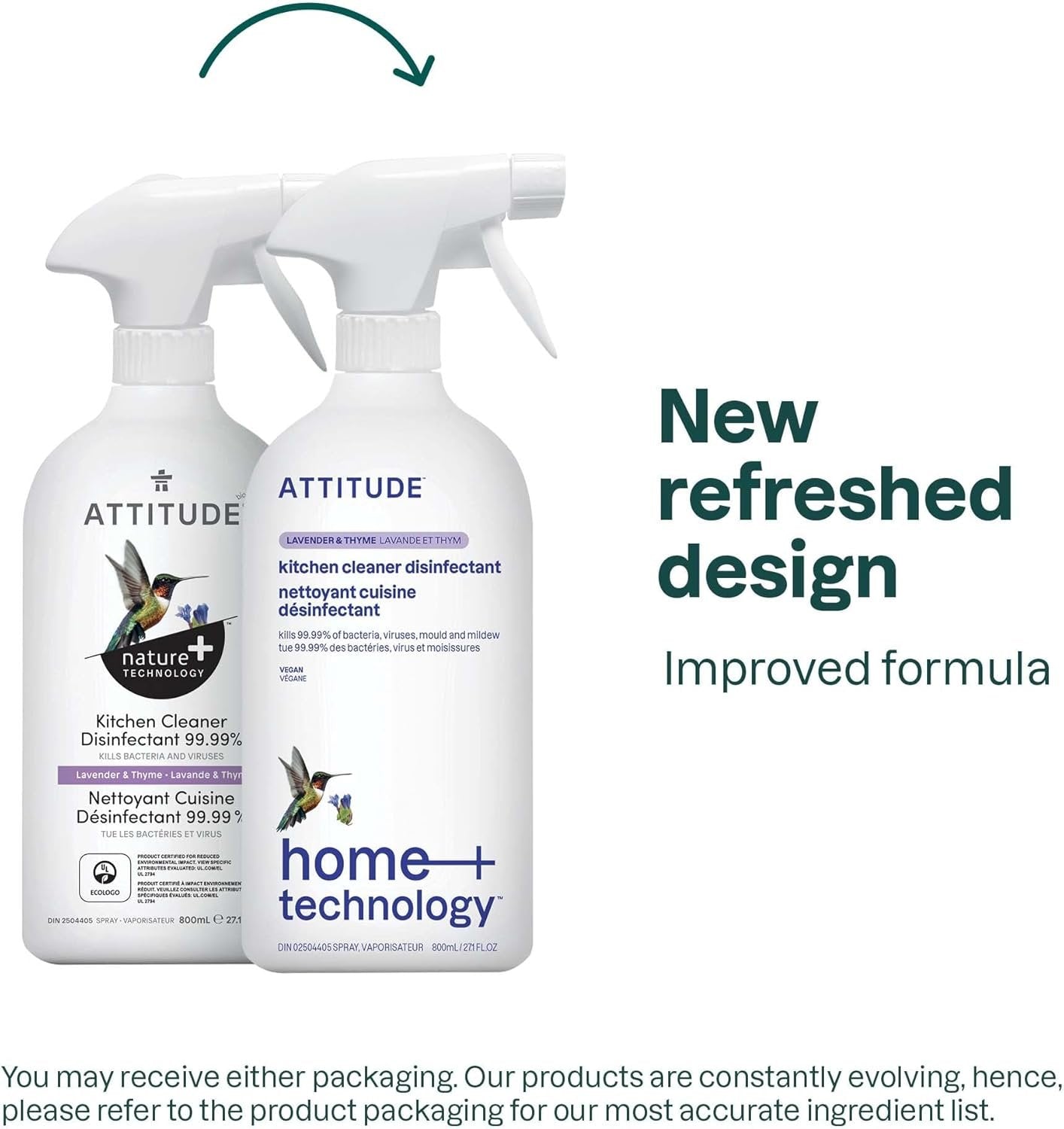 ATTITUDE Kitchen Cleaner Disinfectant 99.99%, Made in Canada, Eliminates Bacteria, Germs and Viruses, Vegan Household Products, Lavender & Thyme, 800 mL