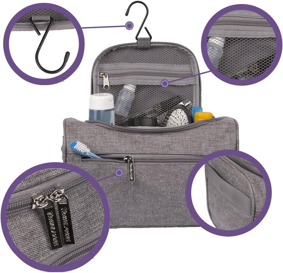 TravelMore Hanging Travel Toiletry Bag Organizer & Bathroom Storage Dopp Kit with Hook for Travel Accessories Toiletries Shaving & Makeup for Men and Woman (Black, Blue & Gray)