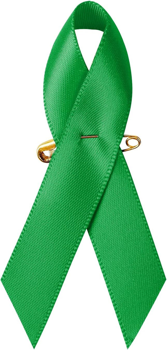 200 Pieces Green Satin Awareness Ribbons with Safety Pins for Mental Health Awareness 1.4 x 3 inch