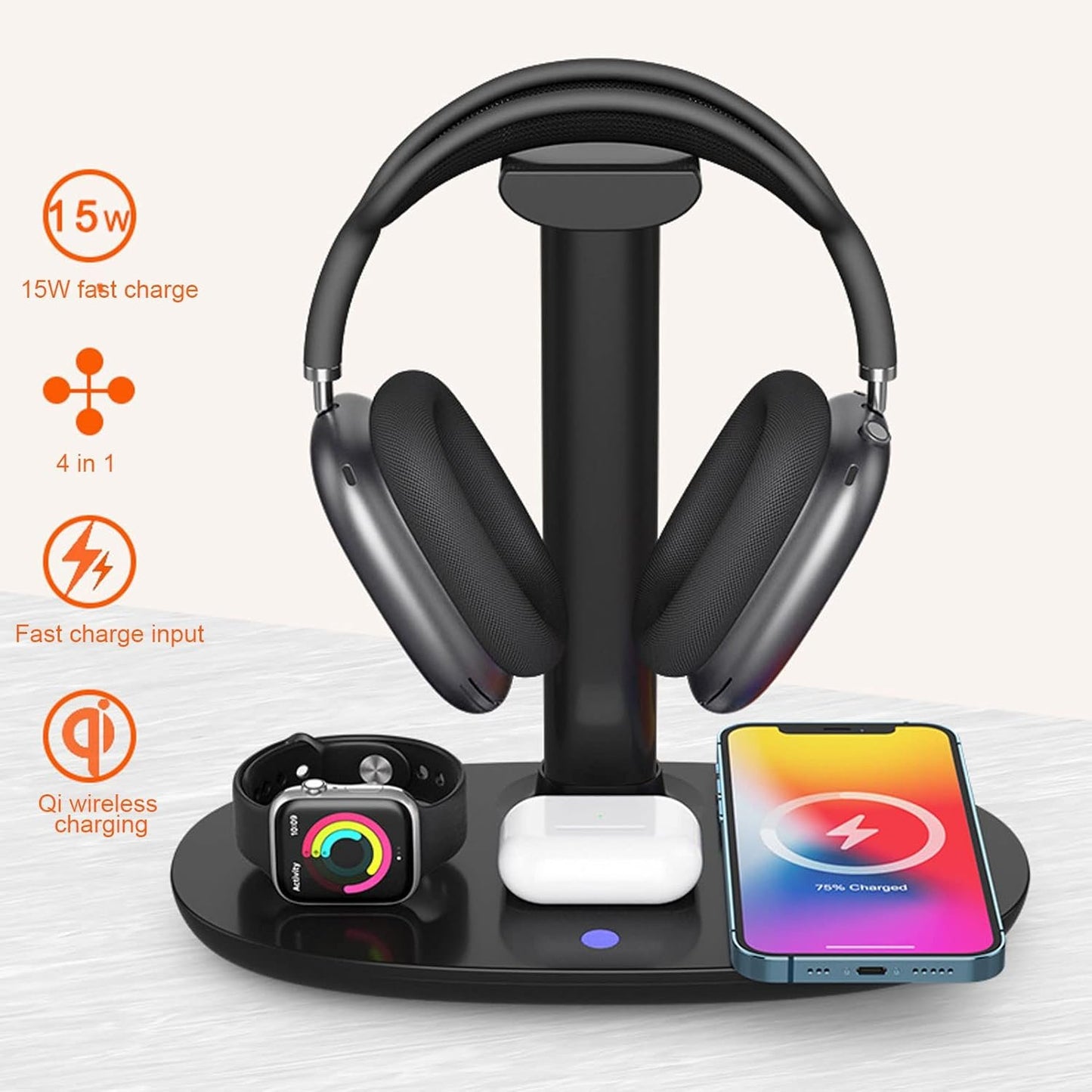XUMIUZIY Headphone Stand with 4 on 1 Wireless Charger, Qi 15W Fast Wireless Charger for Multiple Devices, Wireless Charging Station for iOS Phone/Watch/Earphones