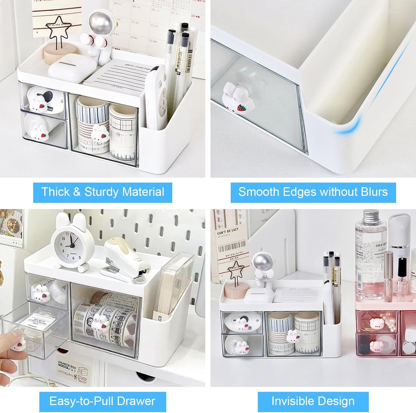 Marte Vanci Desk Organizer with 3 Drawers, Cute Desktop Stationery Organizer, Plastic Makeup Storage Box, Multifunctional Desk Accessories Tidy Caddy for Art Supplies Crafts White