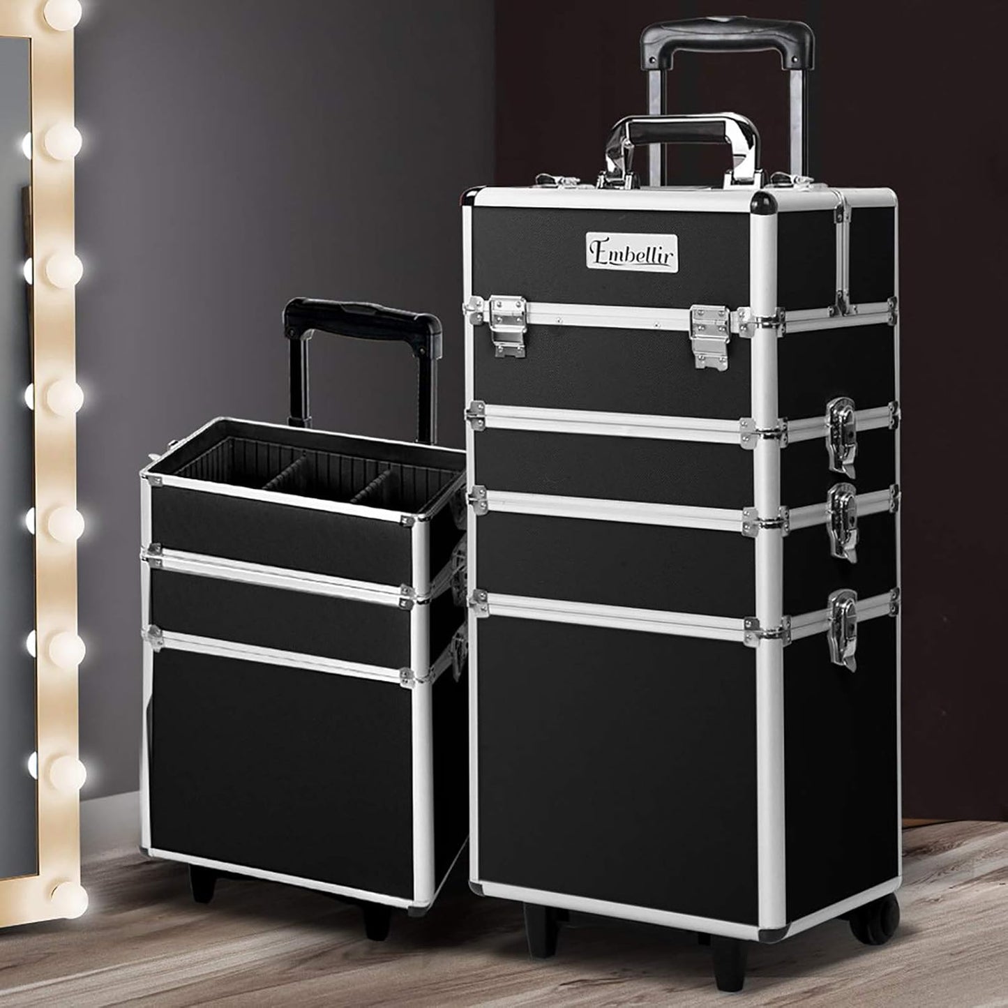 Embellir Makeup Case, Aluminium Lockable Beauty Cases Suitcase Make Up Large Organisers Storage Toiletry Cosmetic Box Travel Indoor Outdoor Accessories, 7 in 1 Separable Portable Black