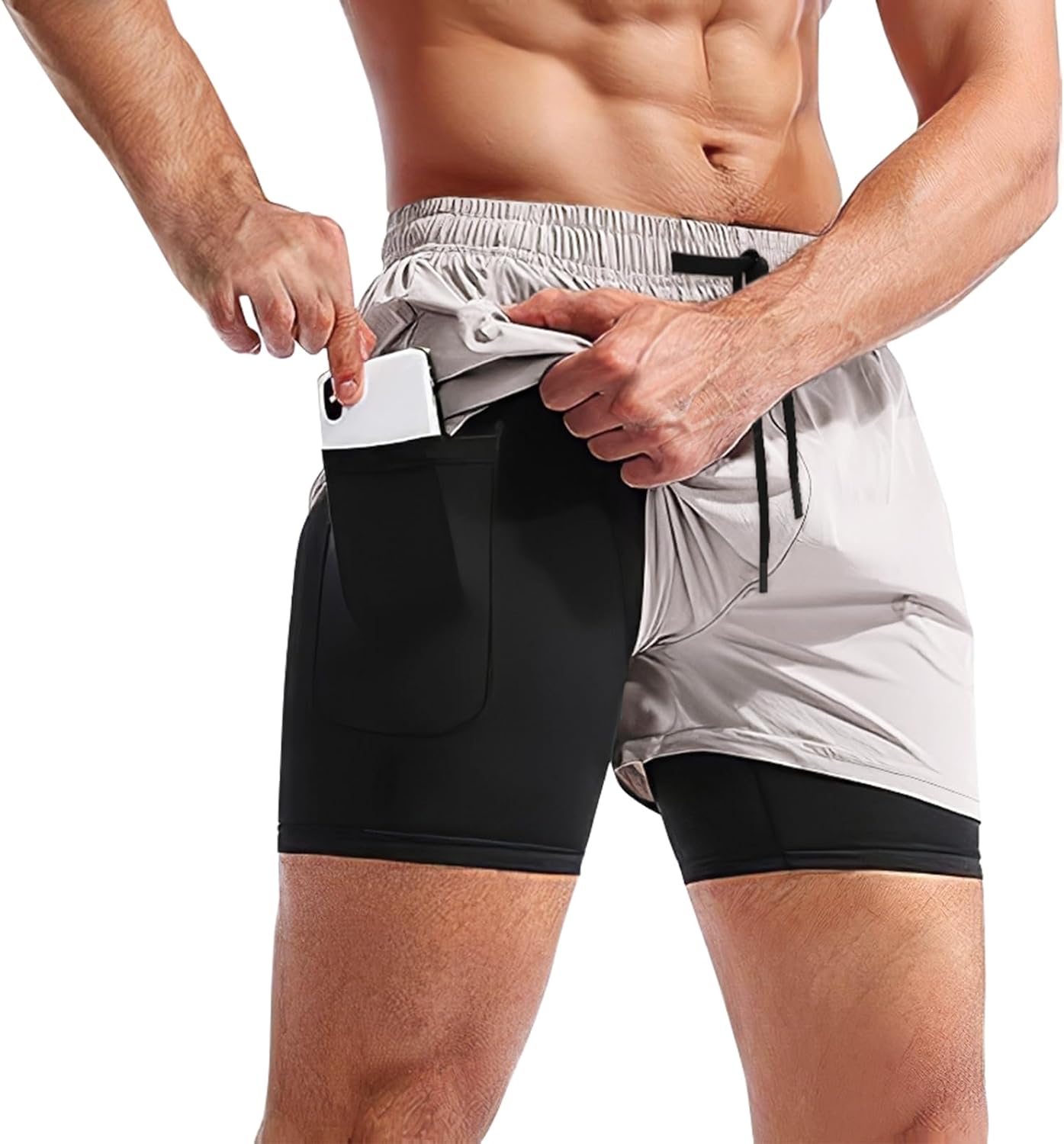 BROKIG Men's 2 in 1 Running Shorts, Quick Dry Sport Shorts Workout Fitness Gym Shorts Men with Zip Pockets