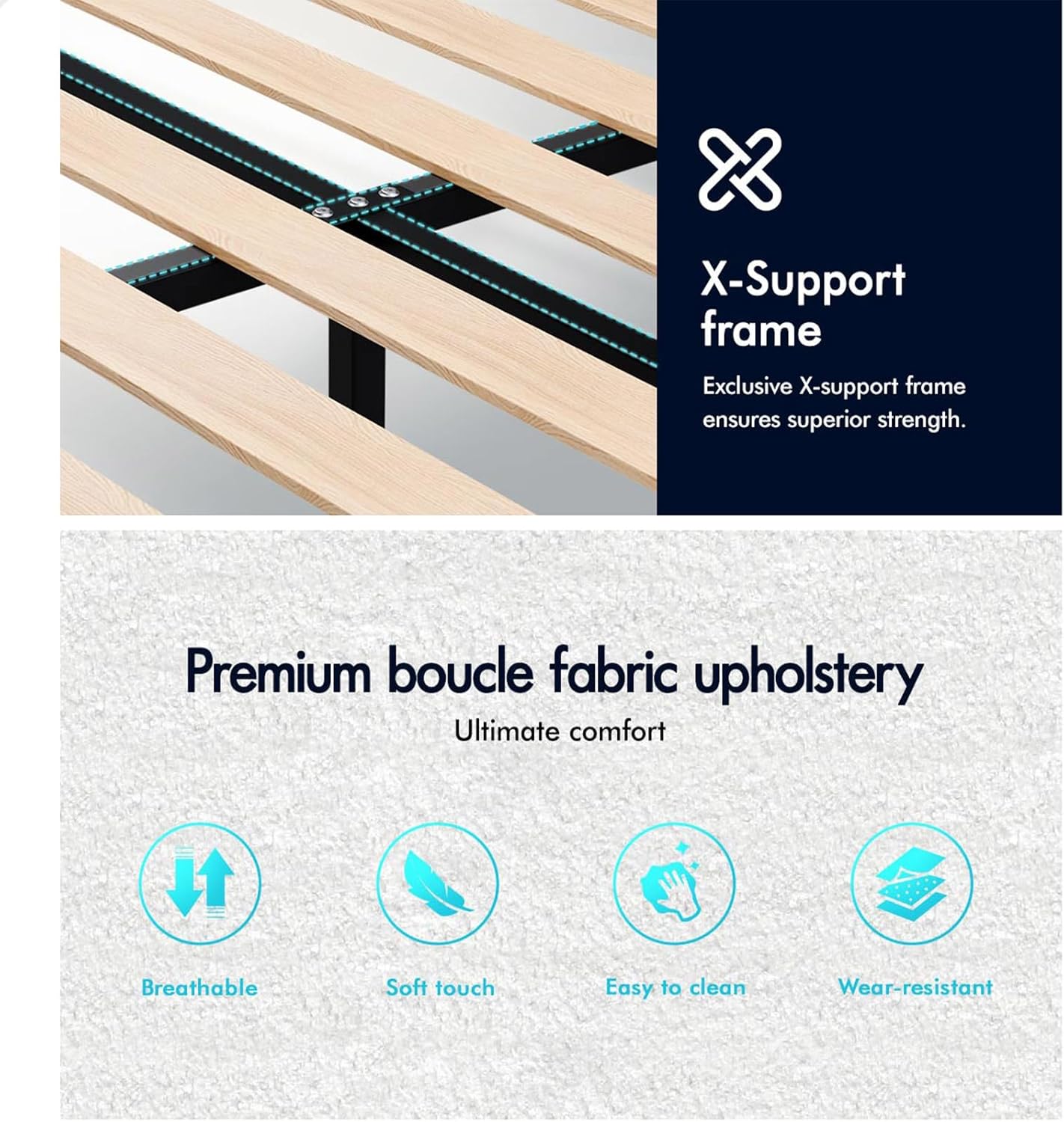 ALFORDSON Bed Frame Base Double Size with Boucle Fabric Upholstery, Bed Platform Foundation with Headboard for Mattress Topper, Calla Boucle White