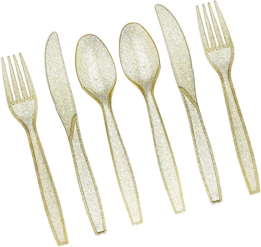 180-Piece Gold Plastic Silverware Set (60 Forks, Spoons, Knives) - Glitter Gold Cutlery - Glitter Clear Plastic Cutlery Set - Disposable Silverware Flatware - Fancy Party Utensils