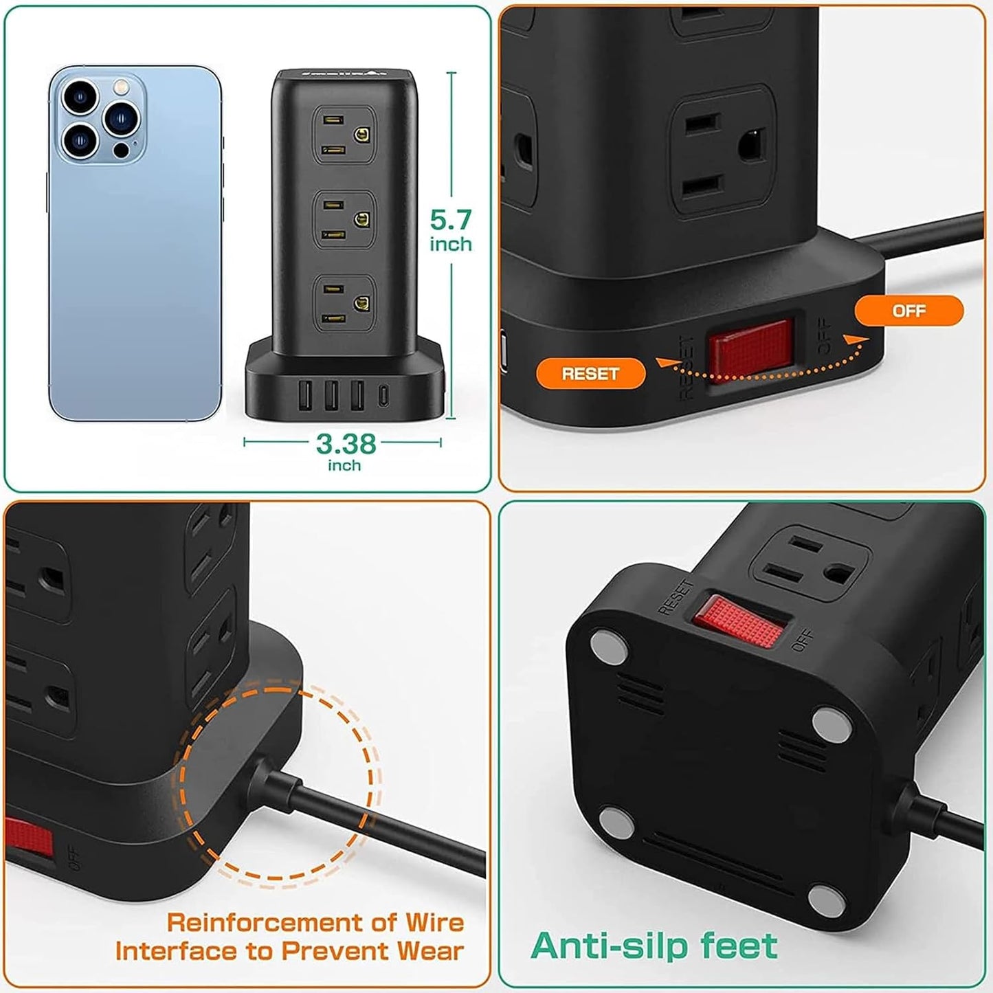 Extension Cord with Multiple Outlets, Surge Protector Power Strip Tower, 12 AC 4 USB,Surge Protector Tower 6.5FT Overload Protection for Home Office