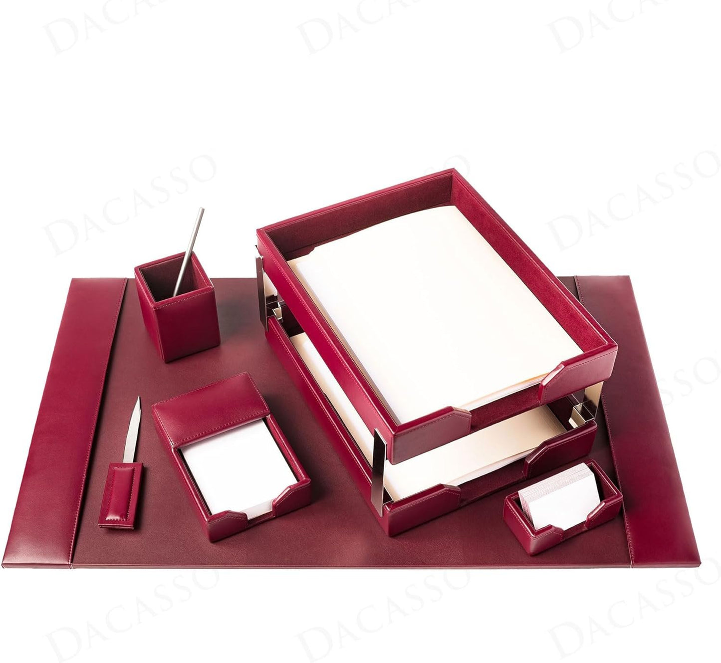 Dacasso Burgundy Bonded Leather Luxury 8-Piece Desk Accessory Set - Blotter Pad & Desk Organization Essentials - Executive Decor and Surface Protector