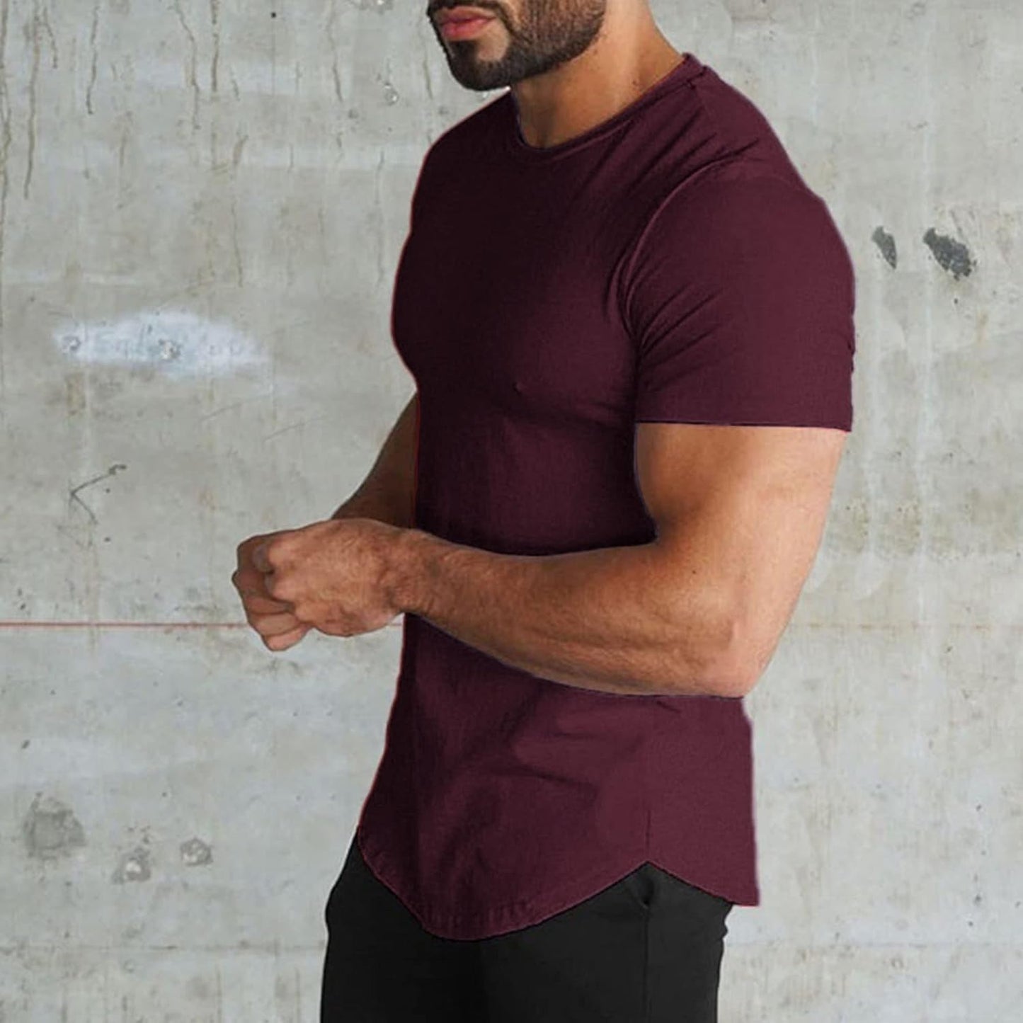 Mens Gym Workout Slim Fit Short Sleeve T-Shirt Cotton Athletic Running Fitness Tee Curved Hem Long Scallop T-Shirts
