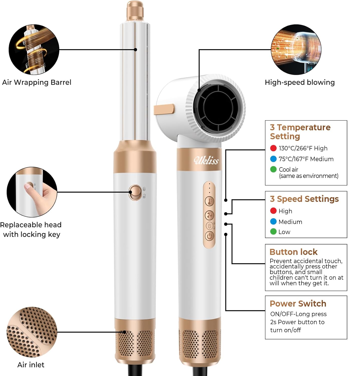 Hair Dryer Brush 7 in 1,110000 RPM Hot Air Brush Hair Styler for Curly Straight & Twisted Hair Professional Ionic Brush Blow Dryer for Salon-Quality Styling, White Gold