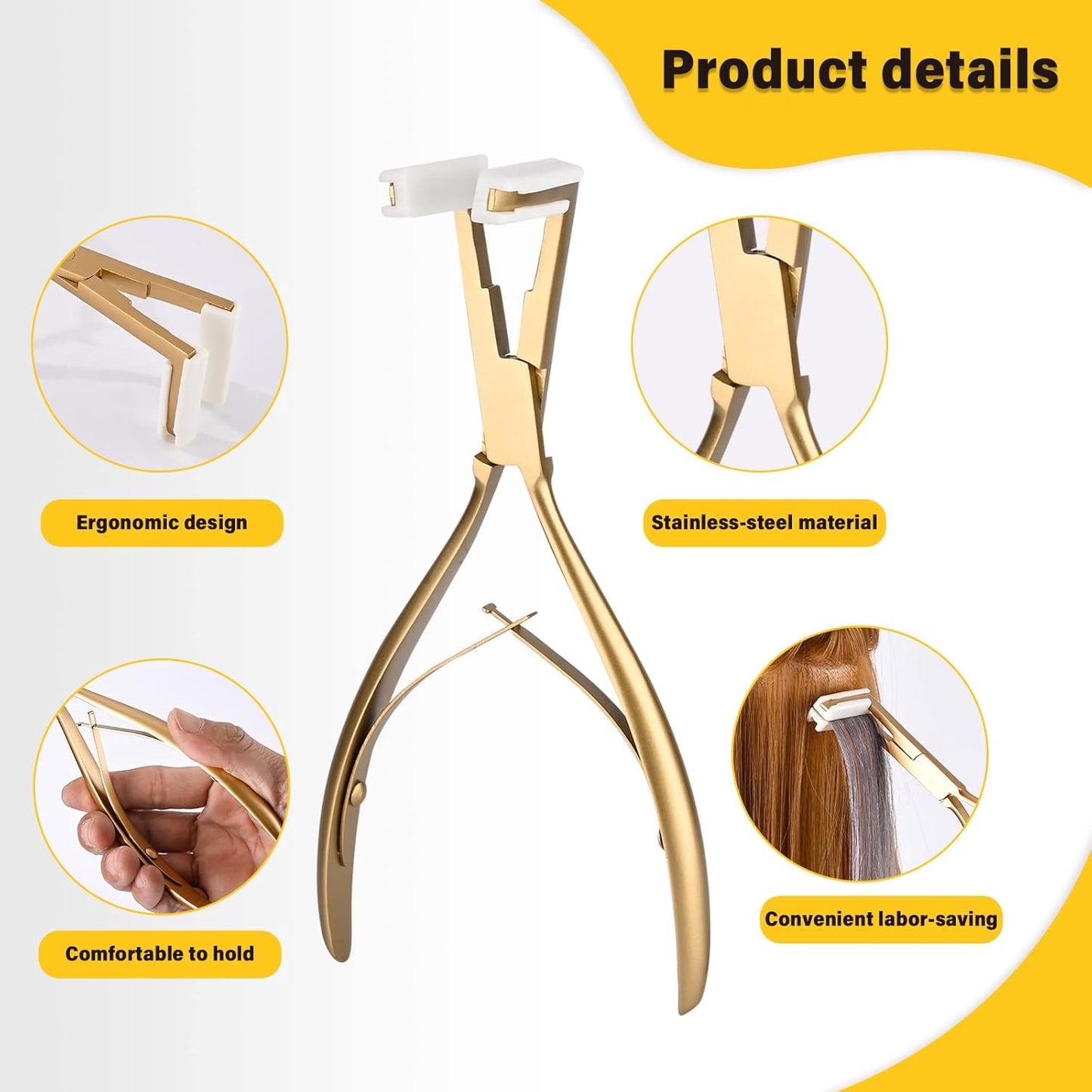 Gomake Tape in Hair Extension Tools Kit with Flat Surface Stainless Steel Tape in Hair Extensions Sealing Clamp Plier,Tape Remover Scraper Tool,Hair Clips, Human Hair Extensions Styling Tools-Gold