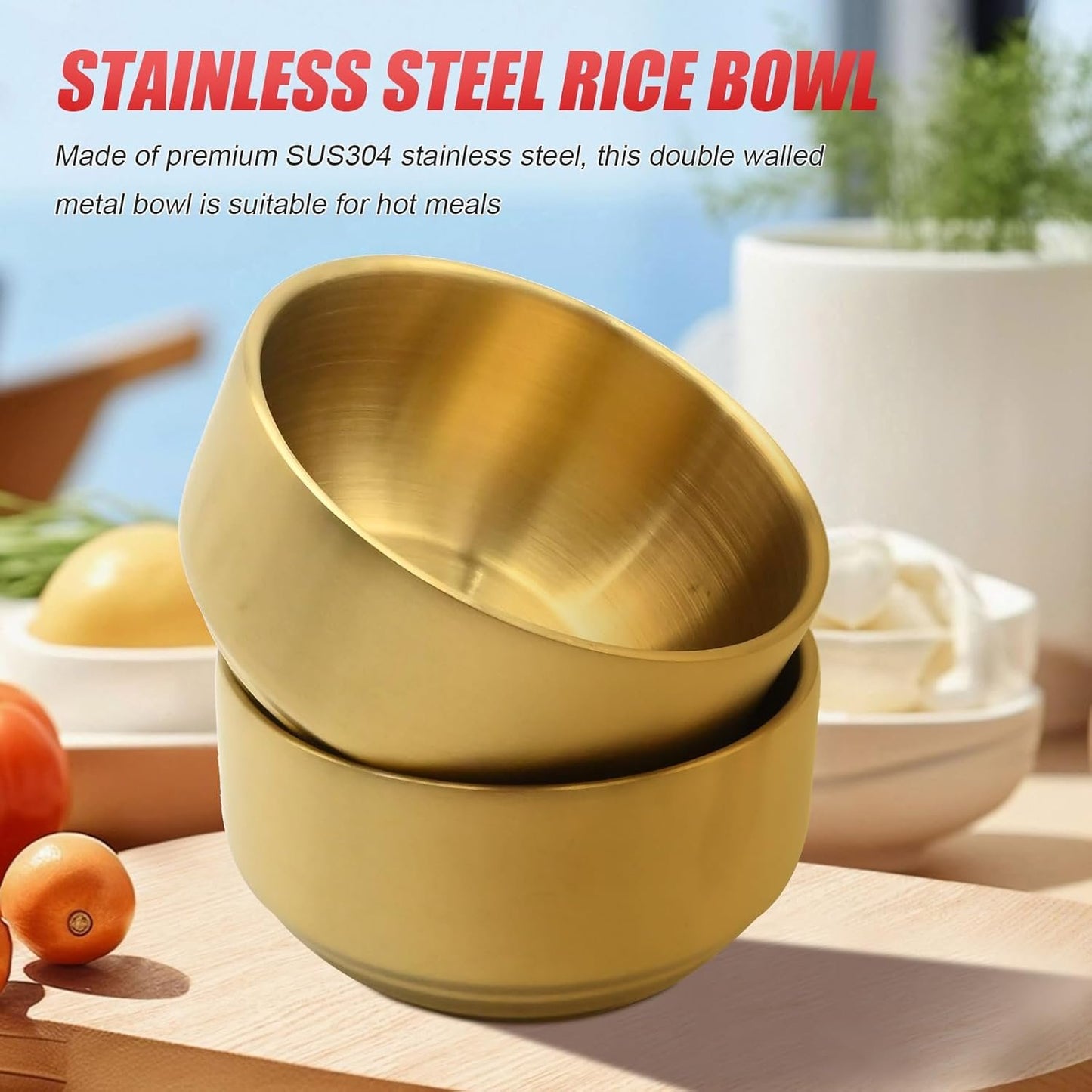 Aynaxcol Stainless Steel Rice Bowl with Lid, Set of 2, for Korean Kitchen Restaurant, Double-walled Metal Bowls, Multi-Purpose Insulated Soup Bowls Snacks Bowls (11.5cm Gold)