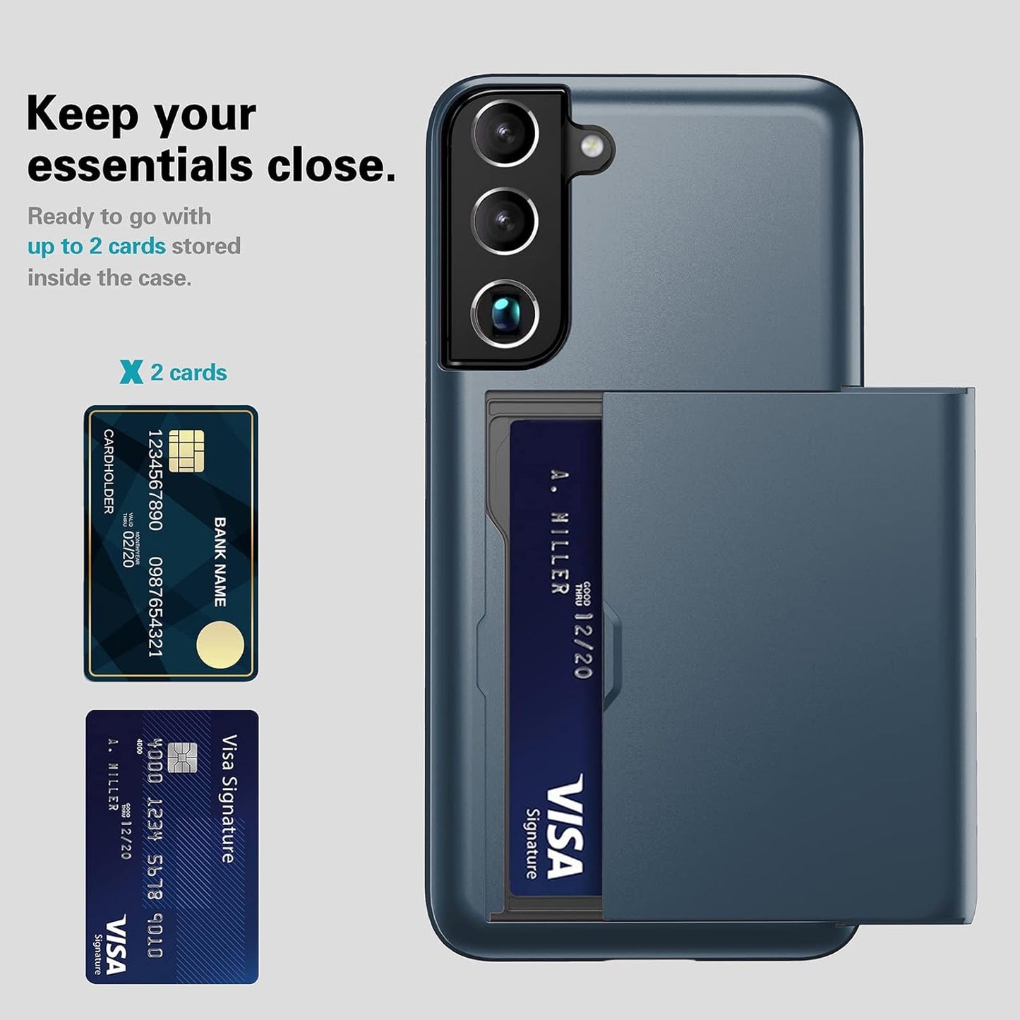 Asuwish Phone Case for Samsung Galaxy S22 5G with Tempered Glass Screen Protector and Credit Card Holder Wallet Cover Hard Hybrid Cell Accessories Gaxaly S 22 22S G5 Women Men Mobile Slot NavyBlue