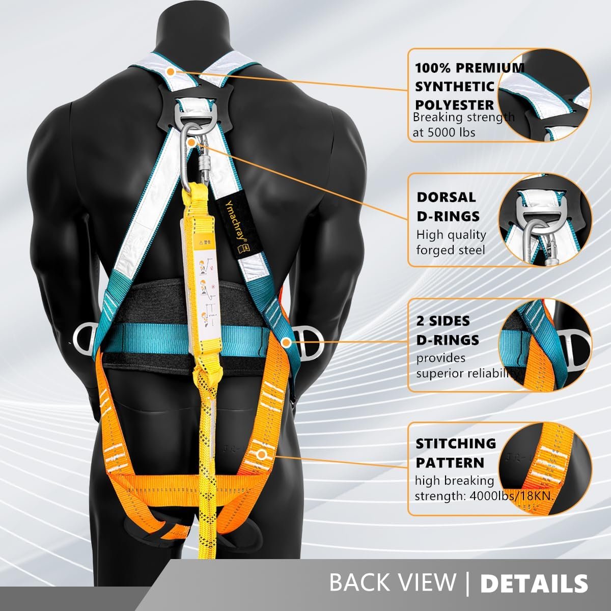 Fall Protection Full-Body Safety Harness, Vented & Padded Shoulder, Legs & Back