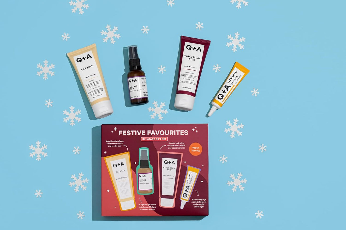 Q+A Festive Favourites Skincare Gift Set with Hyaluronic Acid Moisturising Cream, Cleanser Cream, Azelaic Acid Serum and Eye Contour Serum