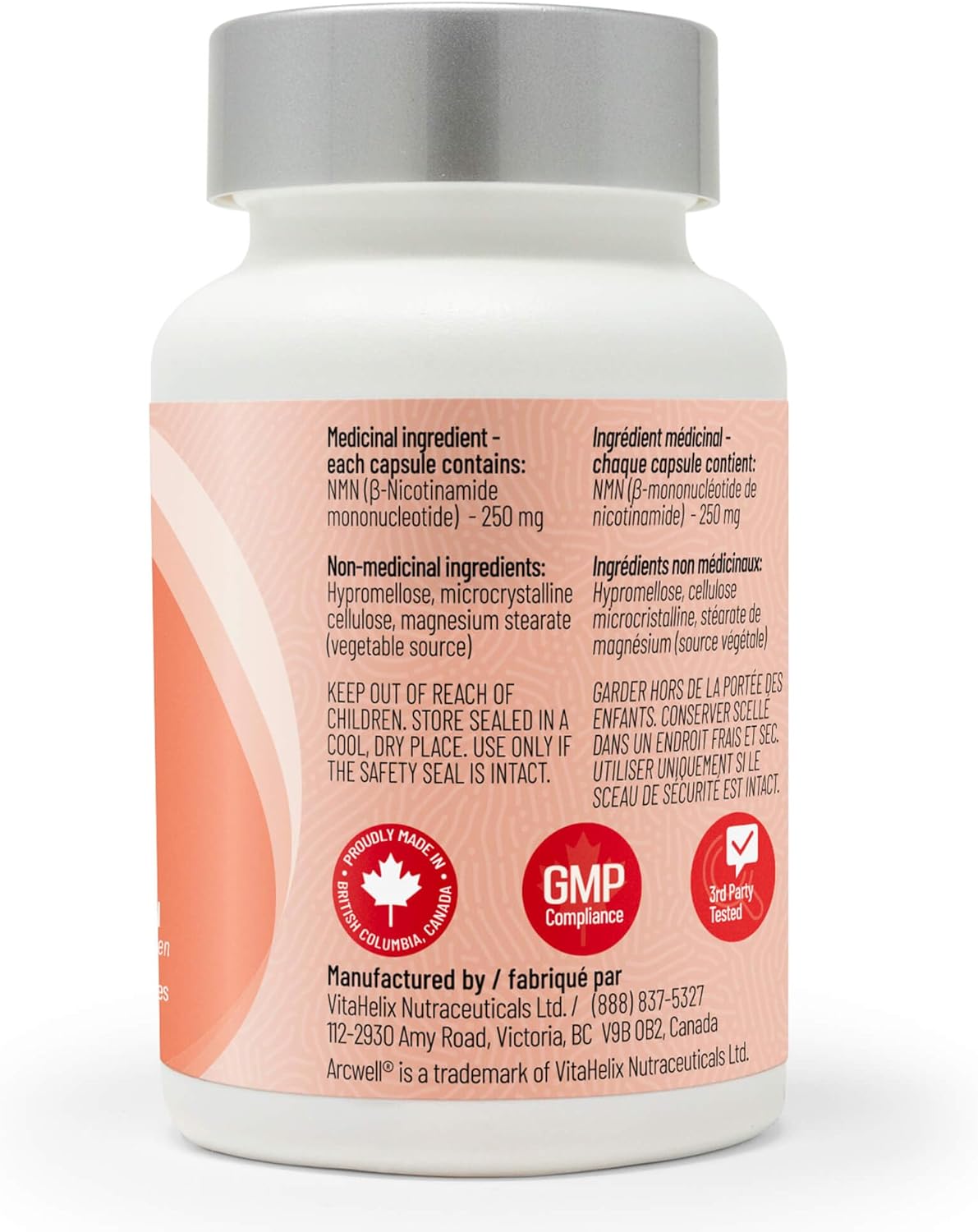 Arcwell NMN (Nicotinamide Mononucleotide) 250 mg per Capsule | NAD+ Boost Supplement for Healthy Aging & Energy Production | High Purity 99.8% | Made in Canada (60 day supply)